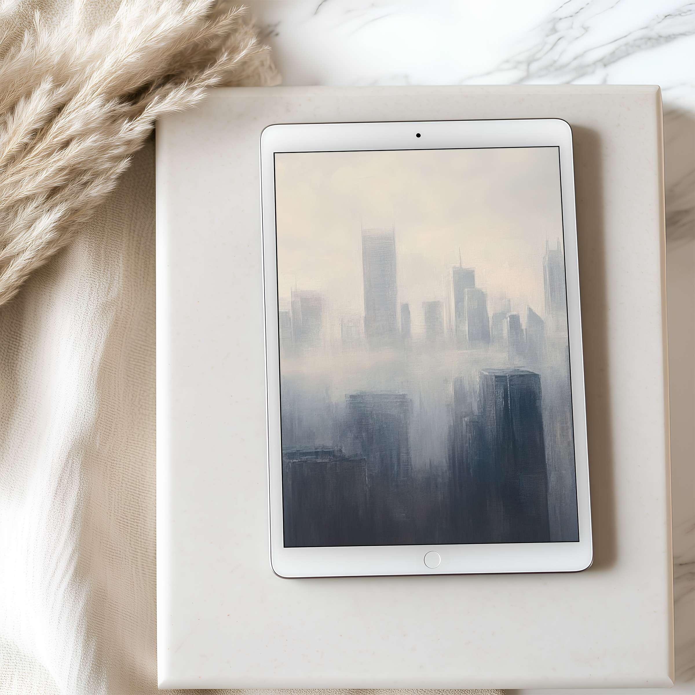 Dreamy urban skyline tablet wallpaper with muted gray and beige tones, perfect high resolution download for iPad and Android tranquility