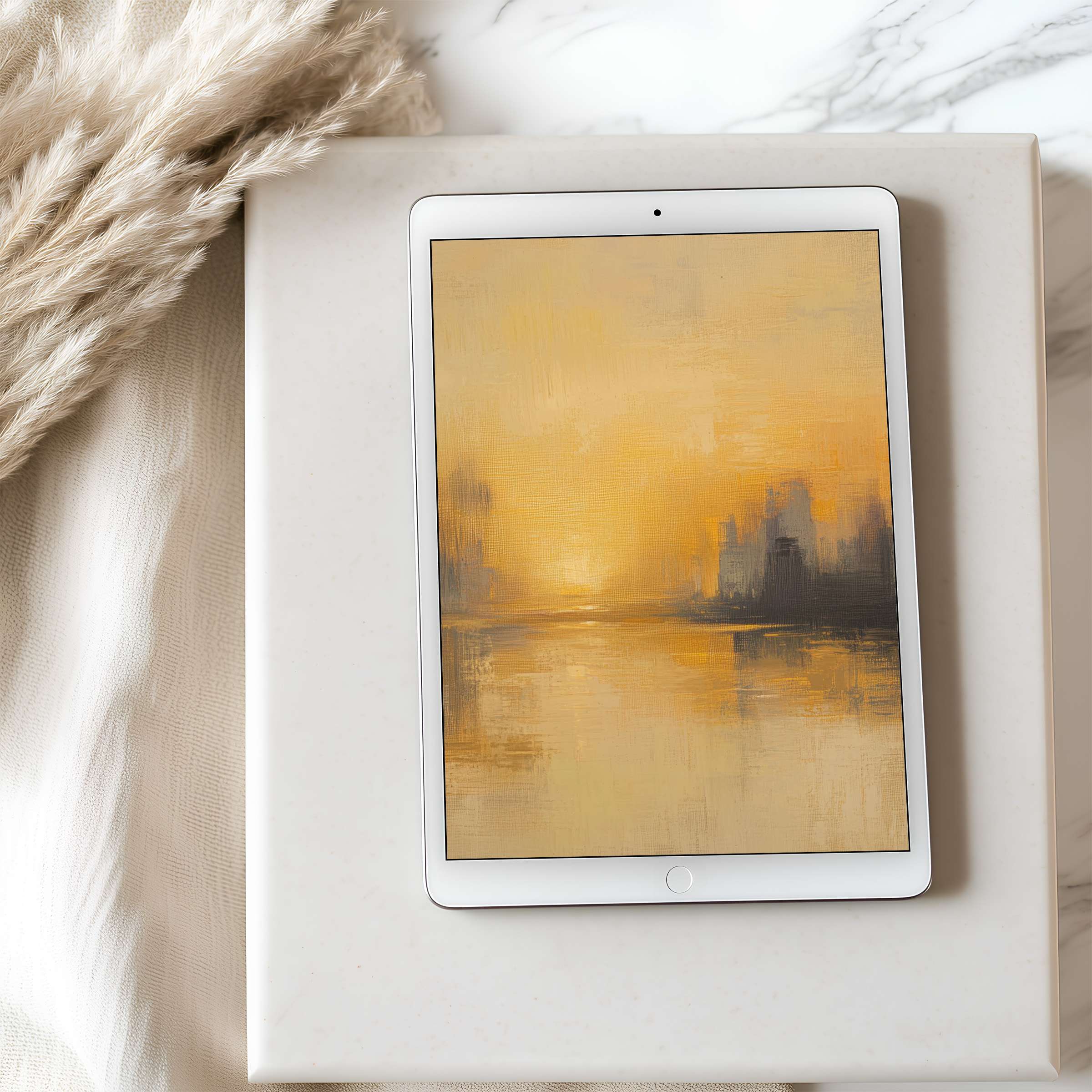 Elegant abstract tablet wallpaper with warm golden hues evokes tranquility, ideal for iPad and Android in high-resolution digital download