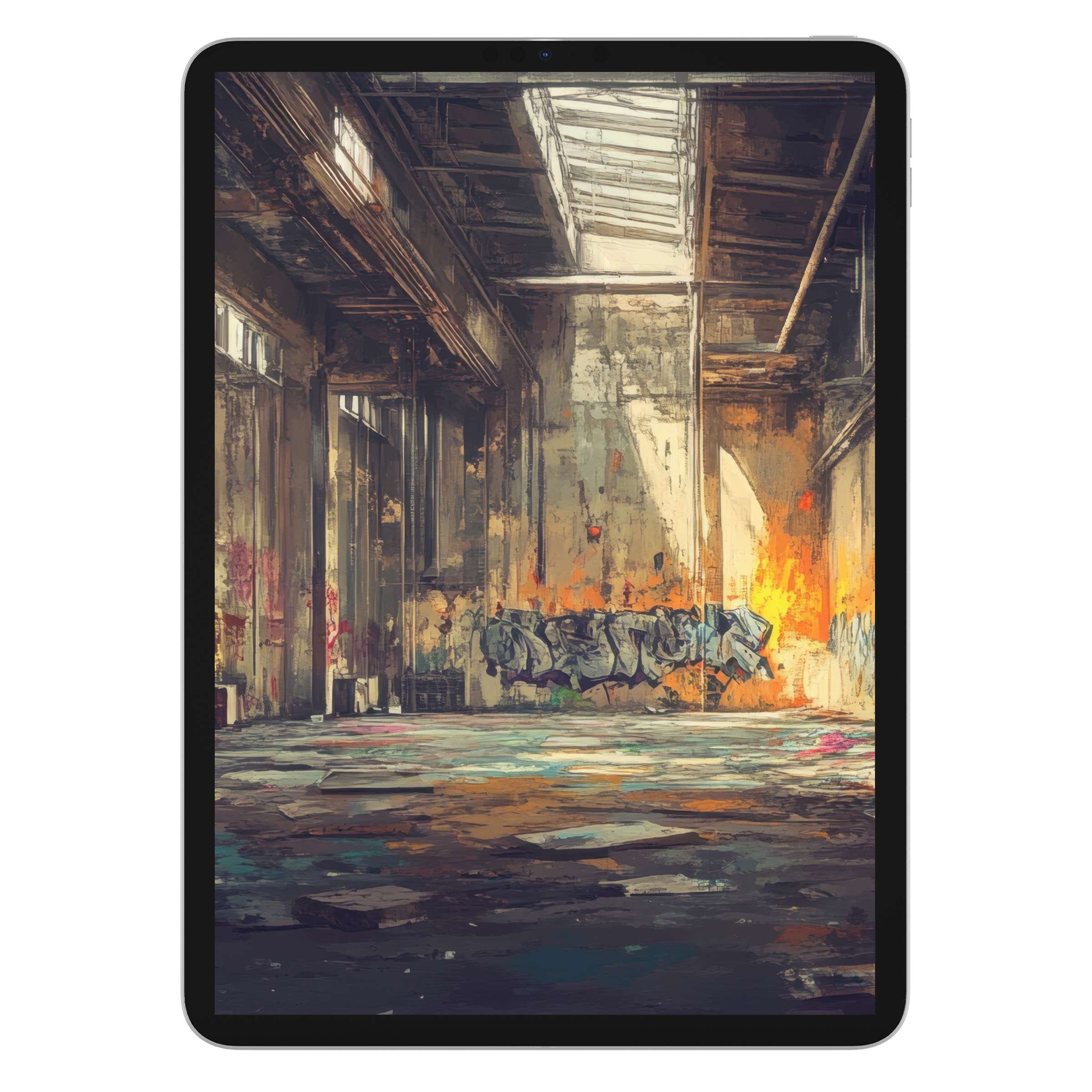 Urban art iPad wallpaper with vibrant graffiti textures and industrial tones for a serene digital download background on any tablet