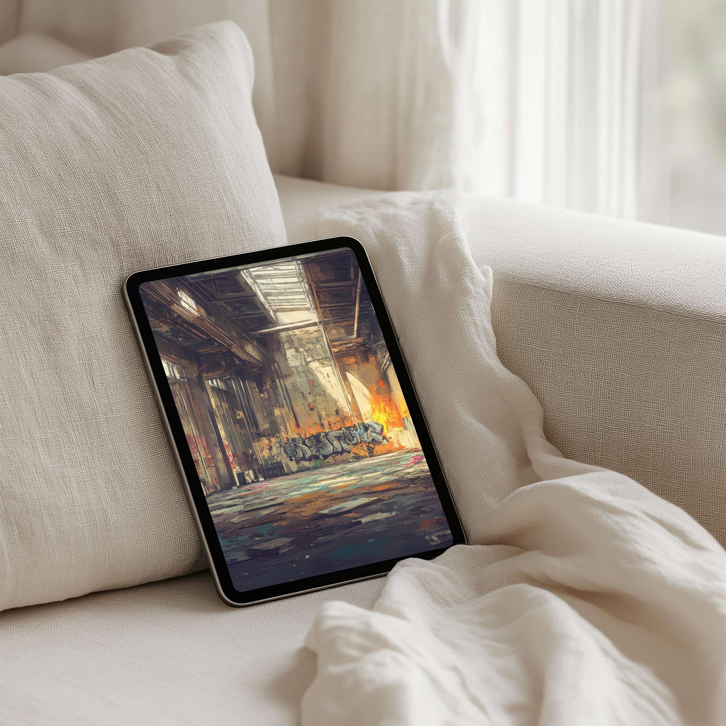 Cozy iPad background featuring urban art in a serene room for instant download on tablets inspiring elegance and mindfulness