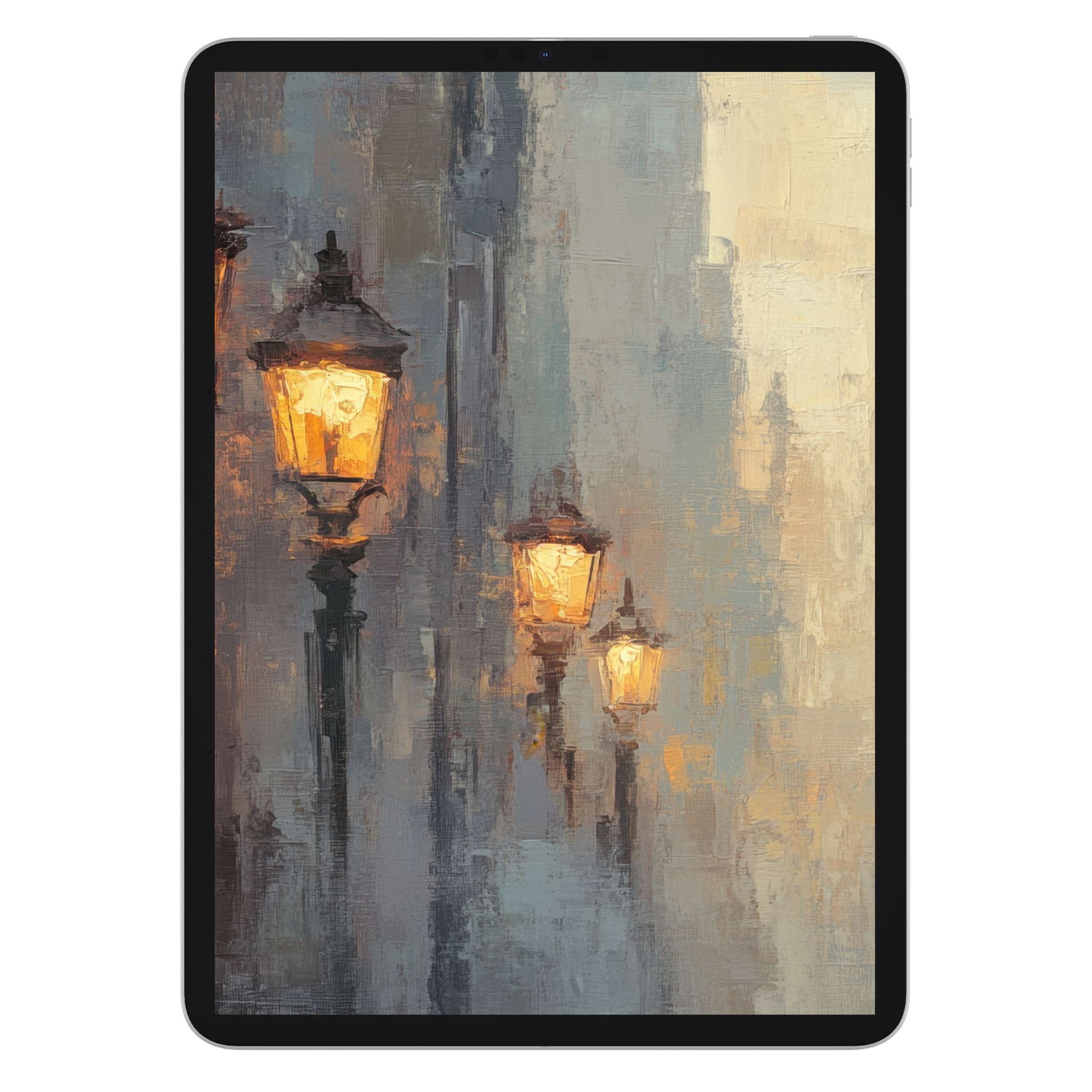 Urban art iPad wallpaper with warm, glowing street lamps on a textured canvas background for tablet digital download suitable for all devices