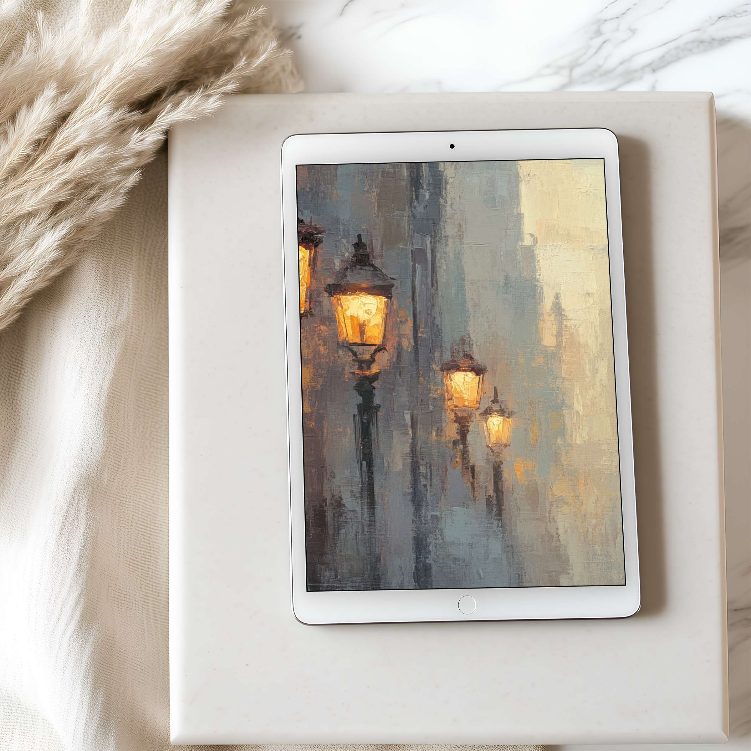 Elegant tablet wallpaper featuring soft lamplight in a serene urban scene, perfect for iPad, sustainable high-resolution digital download
