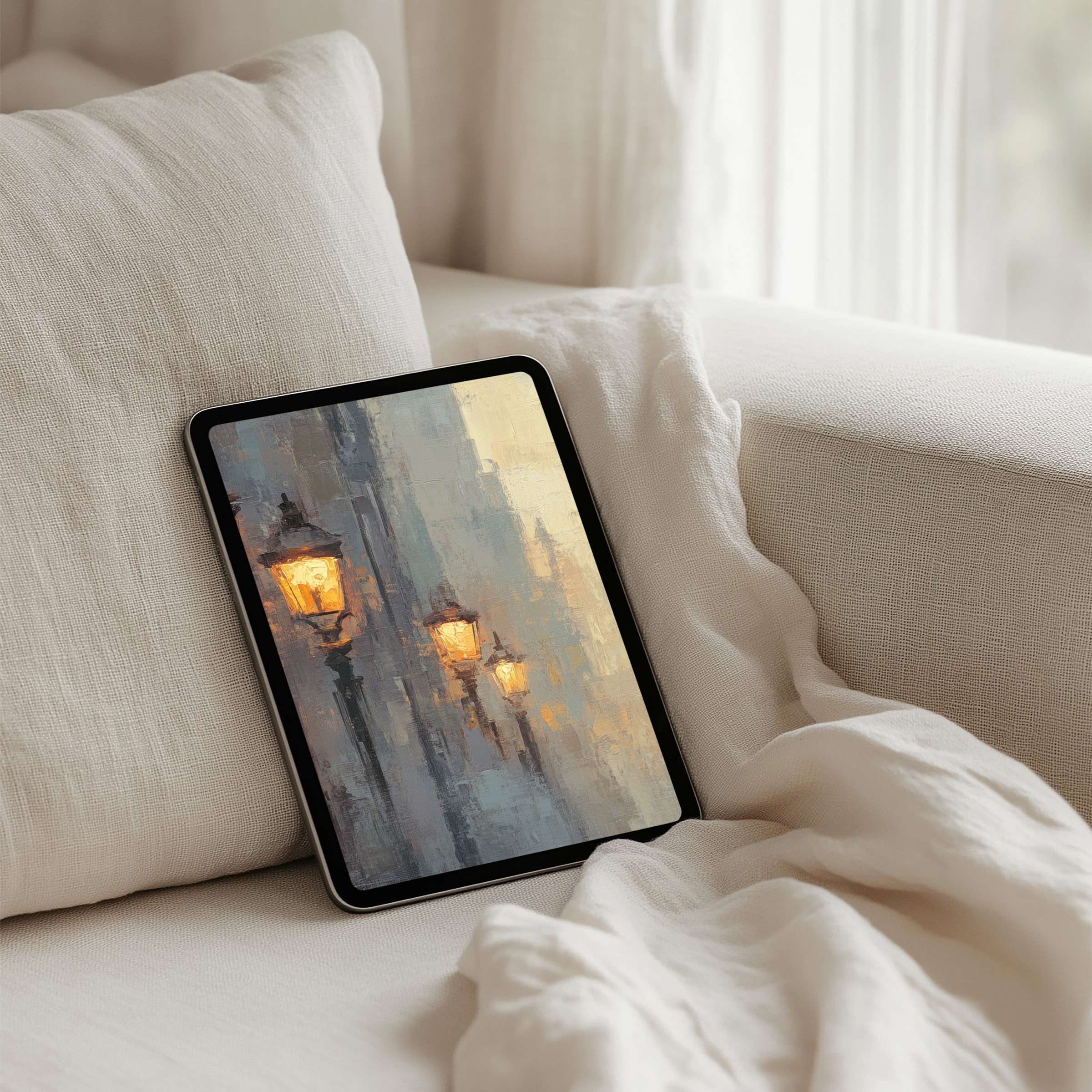 Elegant iPad background featuring serene street lamps in impressionist style enhances calm and mindfulness available for instant download on any tablet