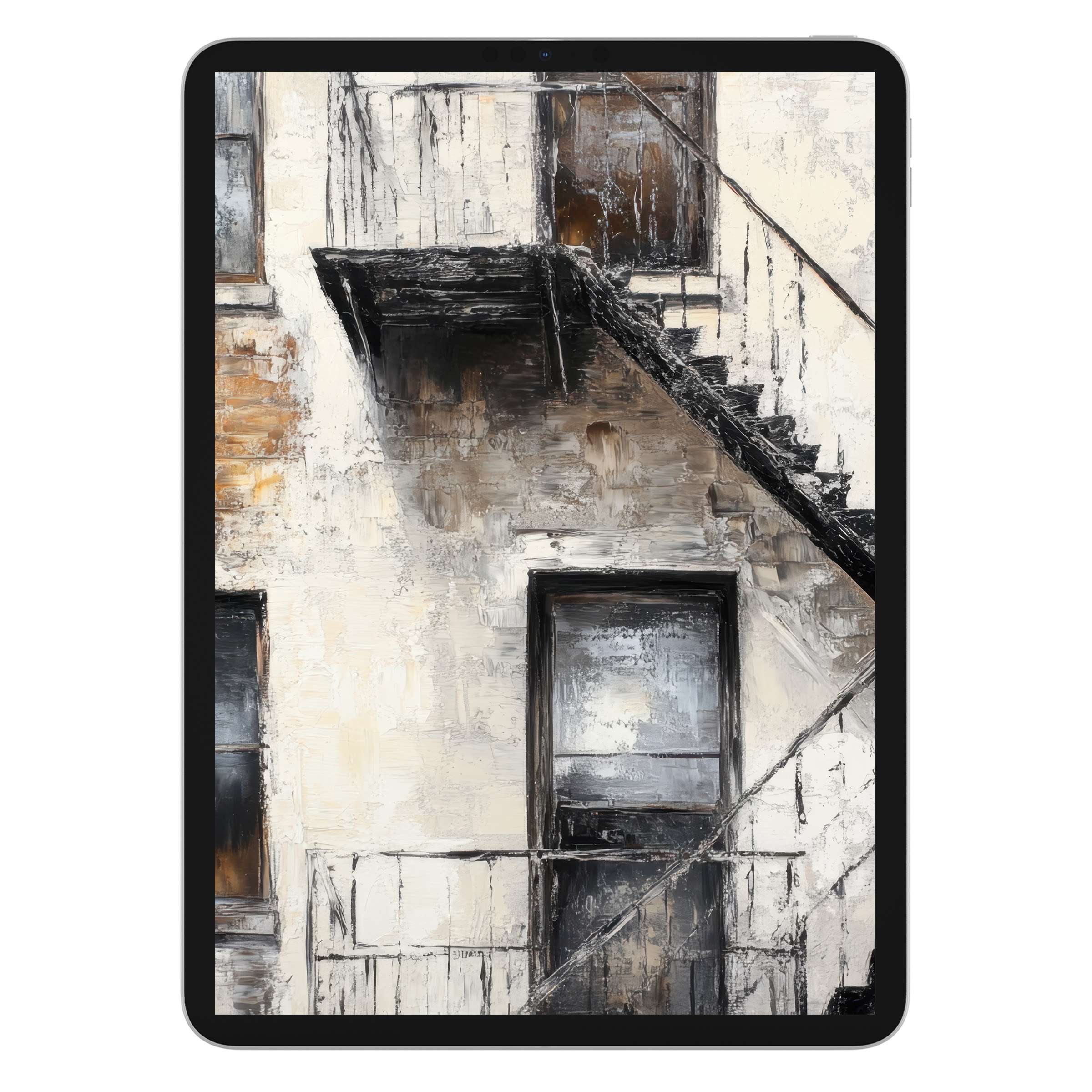 Urban art iPad wallpaper with textured fire escape, perfect digital download for tablet background, adding elegance and calm ambiance