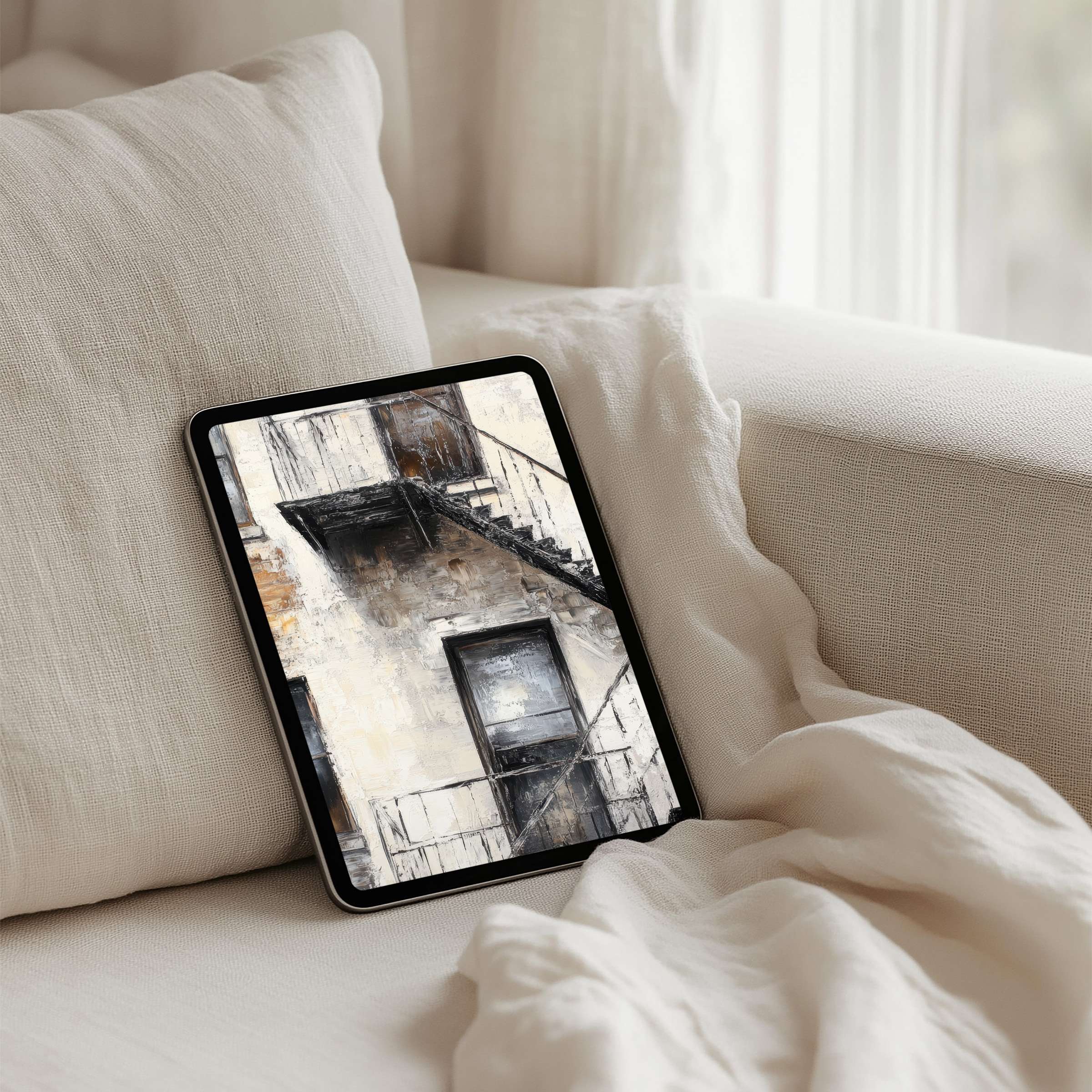 Cozy urban escape on iPad background featuring elegant architecture for instant download to any tablet offering calm inspiration
