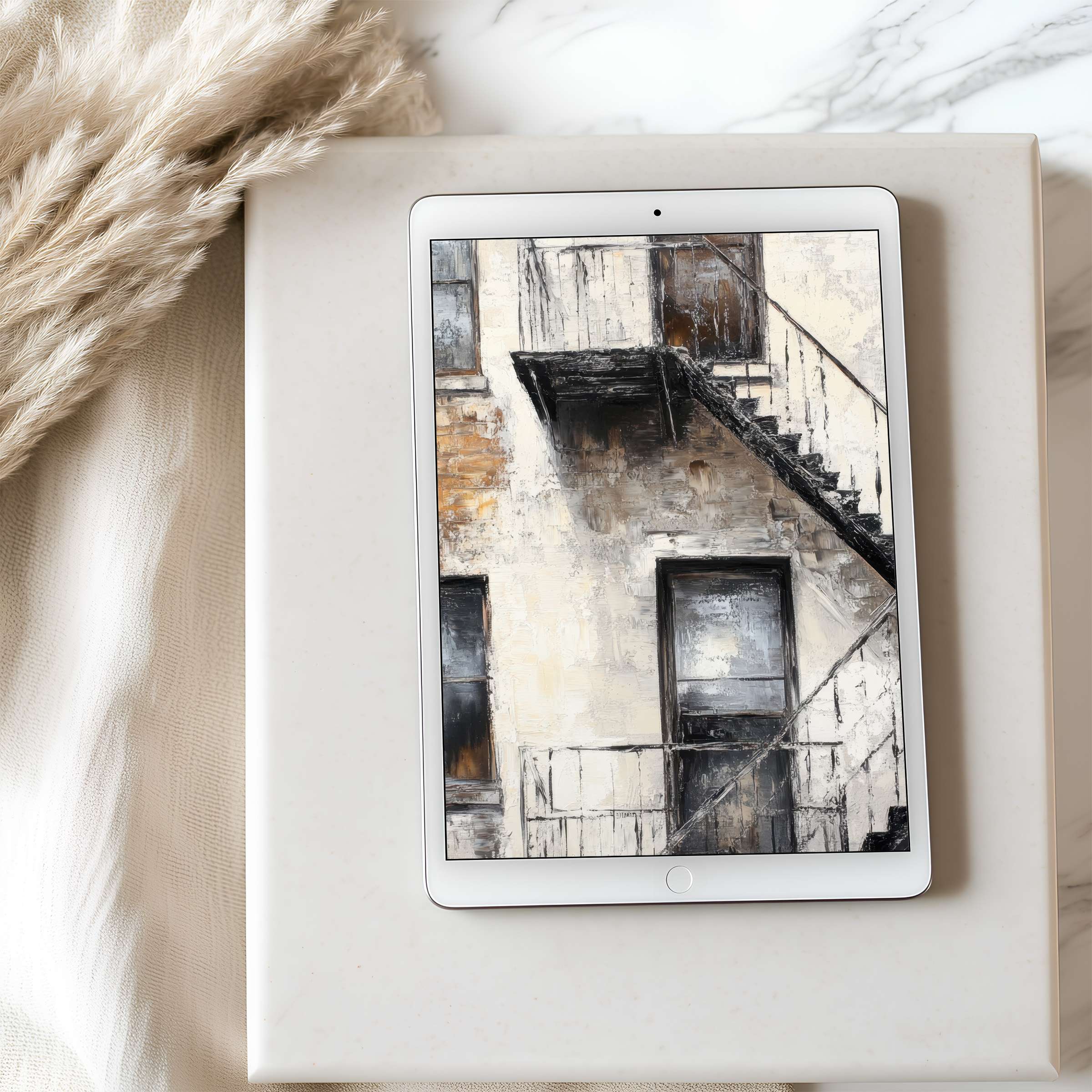 Elegant tablet wallpaper features a vintage urban staircase in soothing earth tones perfect for iPad and Android high resolution use