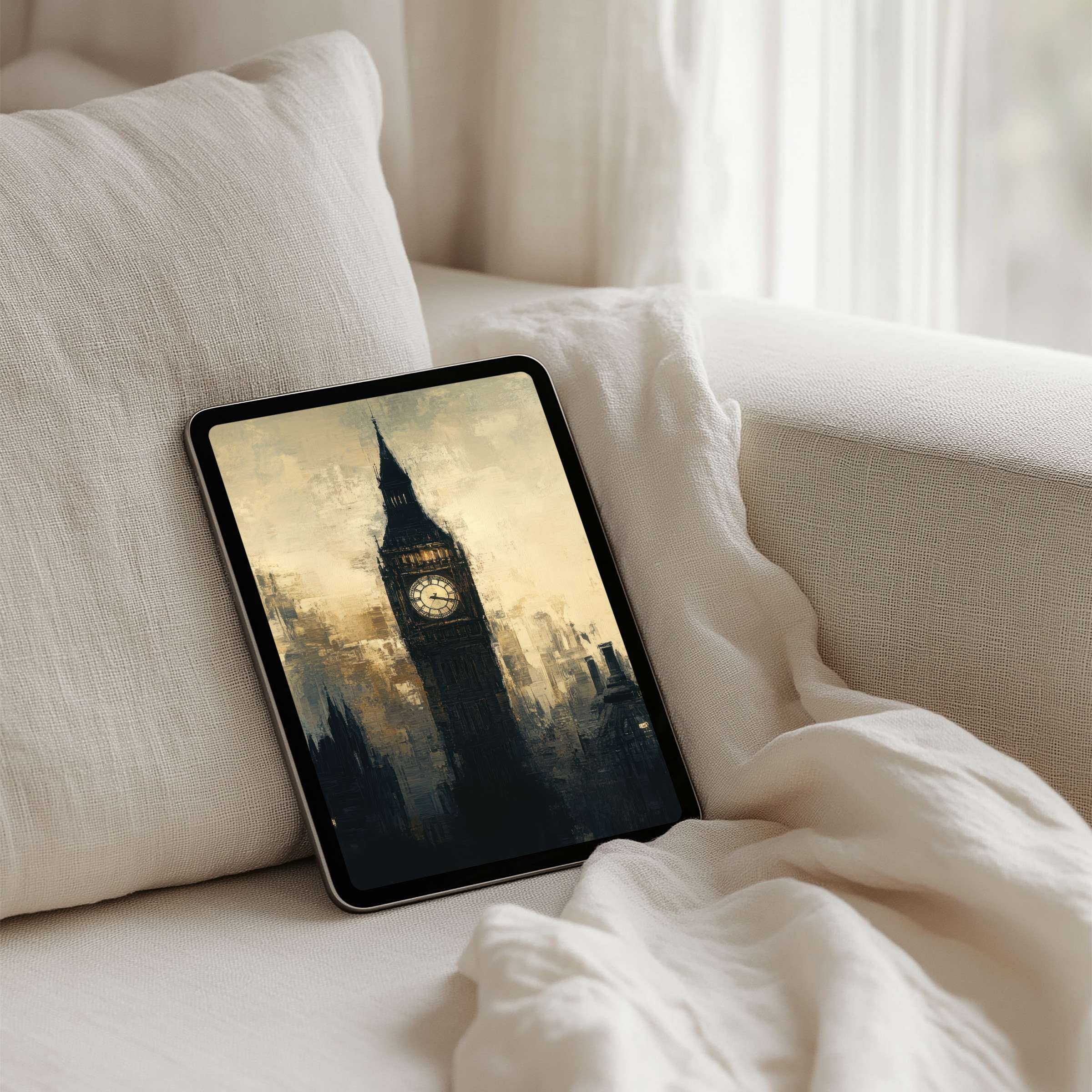 Elegant iPad background with a serene tower painting offers instant download; fits tablets for mindful, aesthetic inspiration