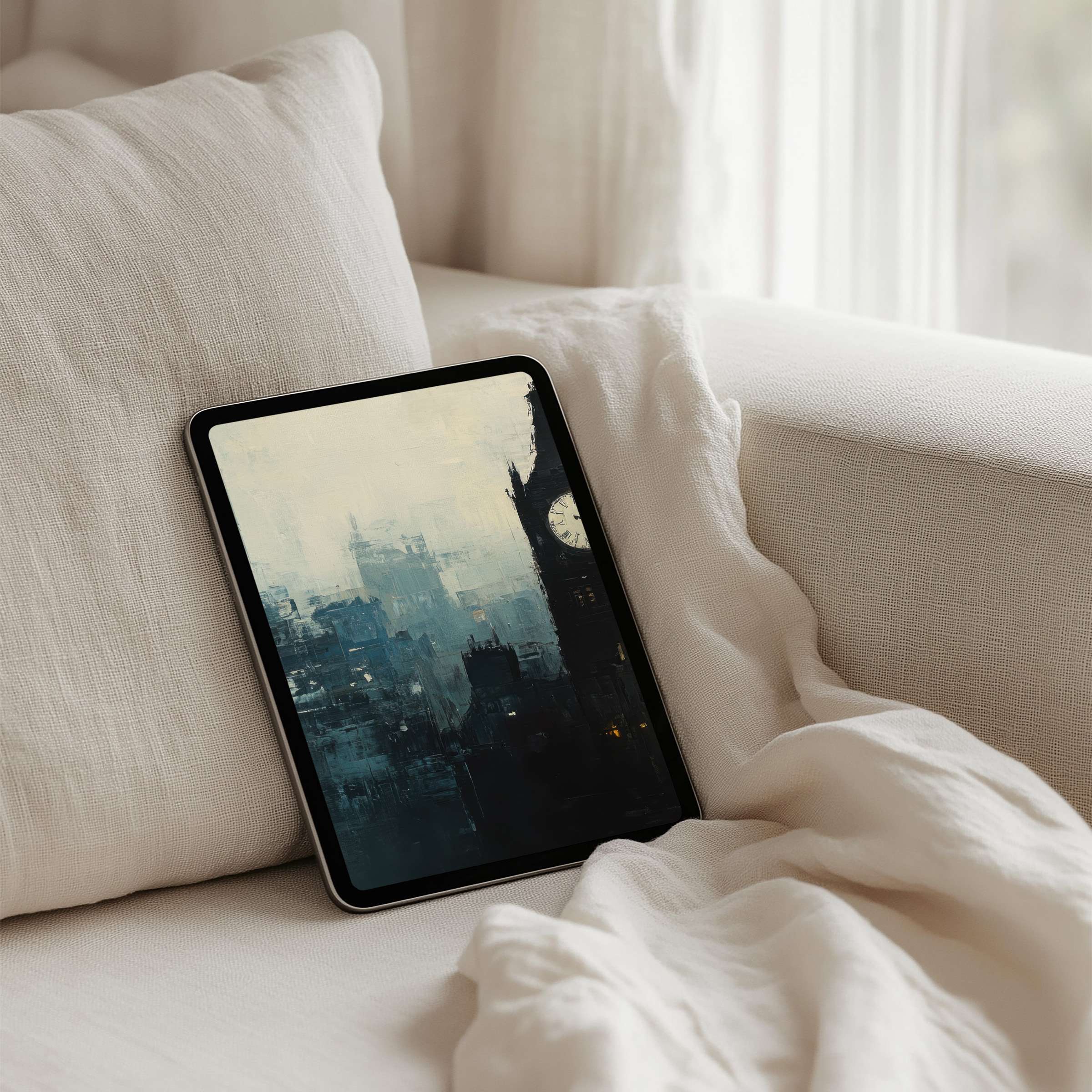 Luxurious iPad background featuring a misty cityscape on a cozy sofa offers instant download for any tablet lover seeking tranquility