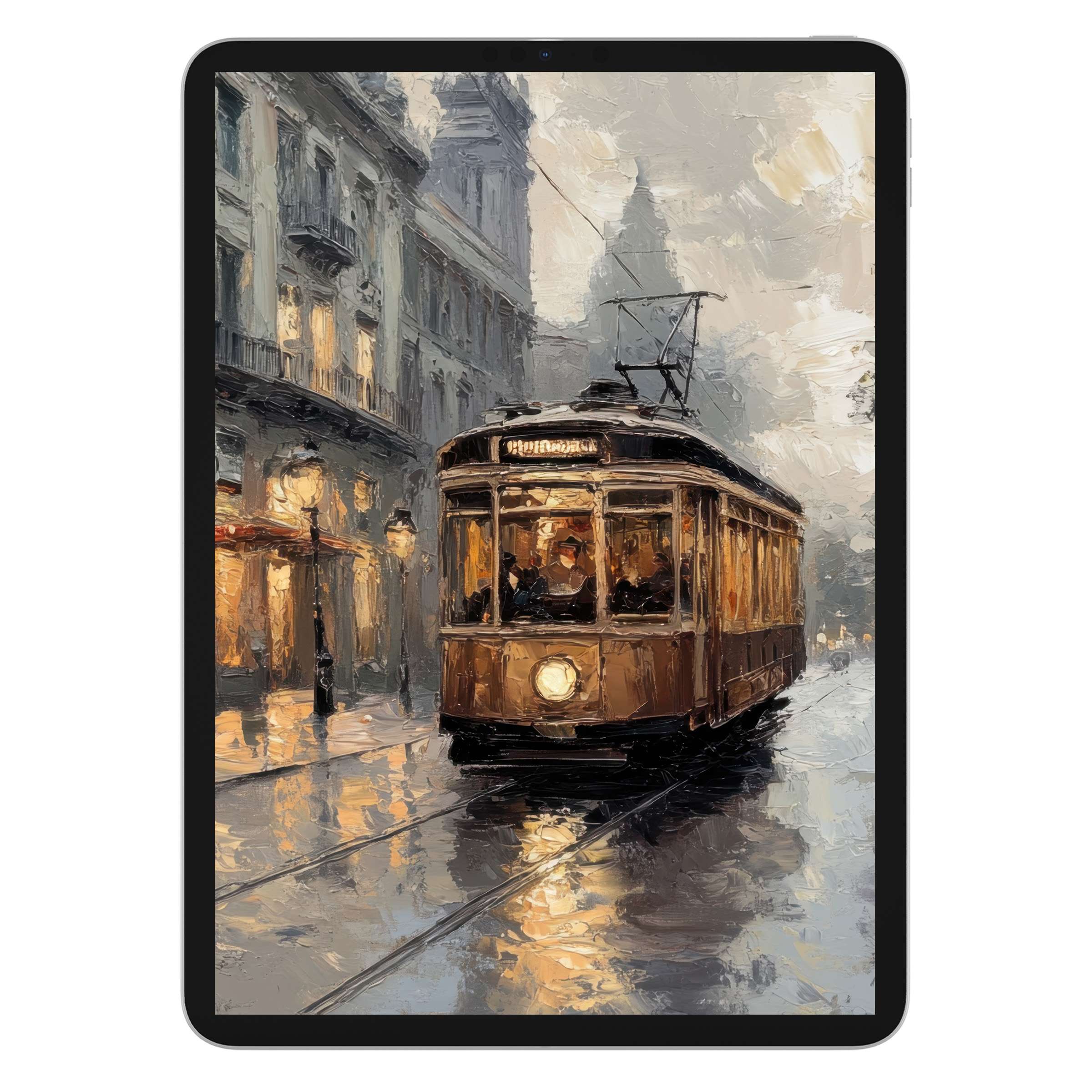 Urban art iPad wallpaper featuring a vintage tram on a rainy street, perfect digital download for tablet backgrounds with timeless style