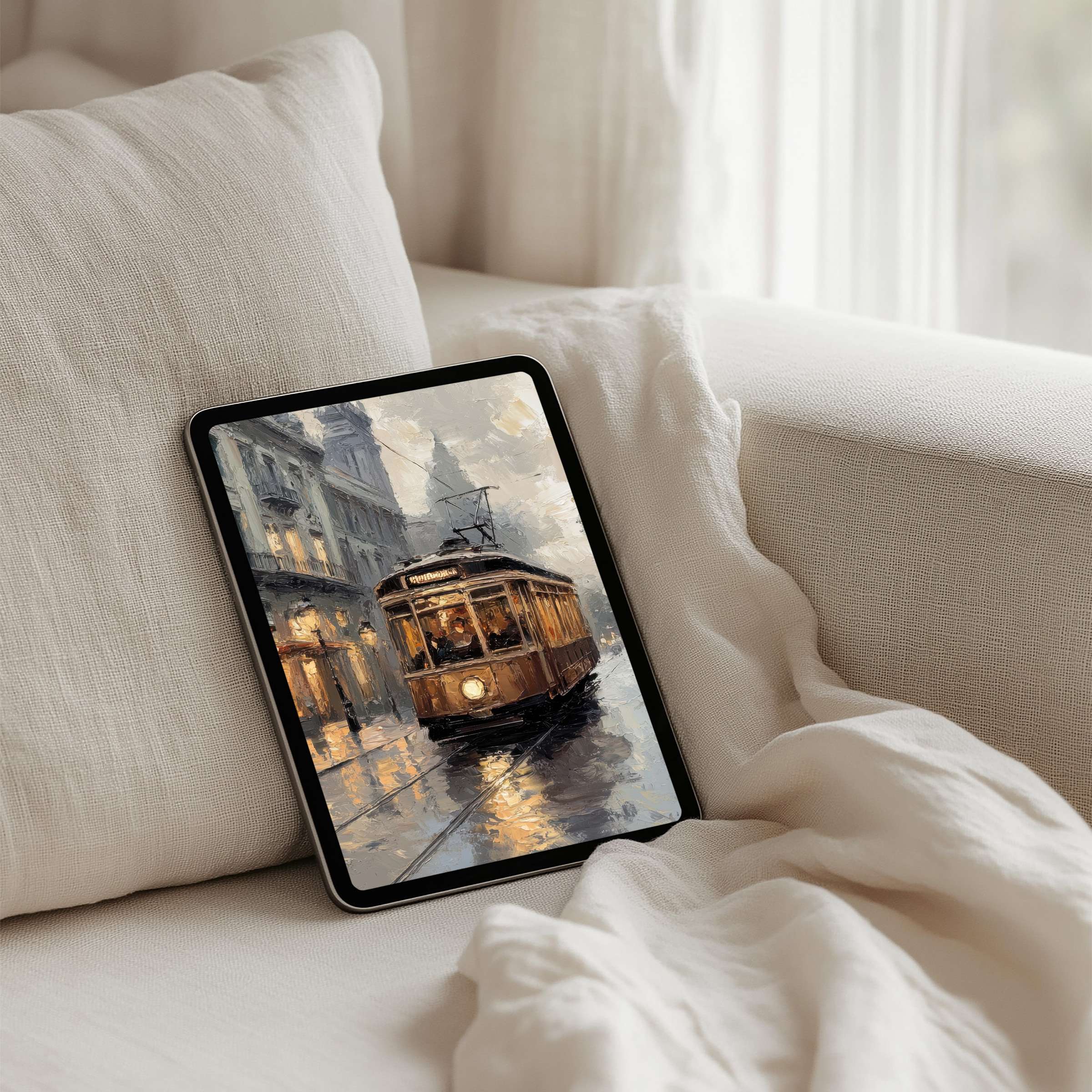 Elegant iPad background with a vintage tram art scene evoking calm and inspiration instant download for any tablet device
