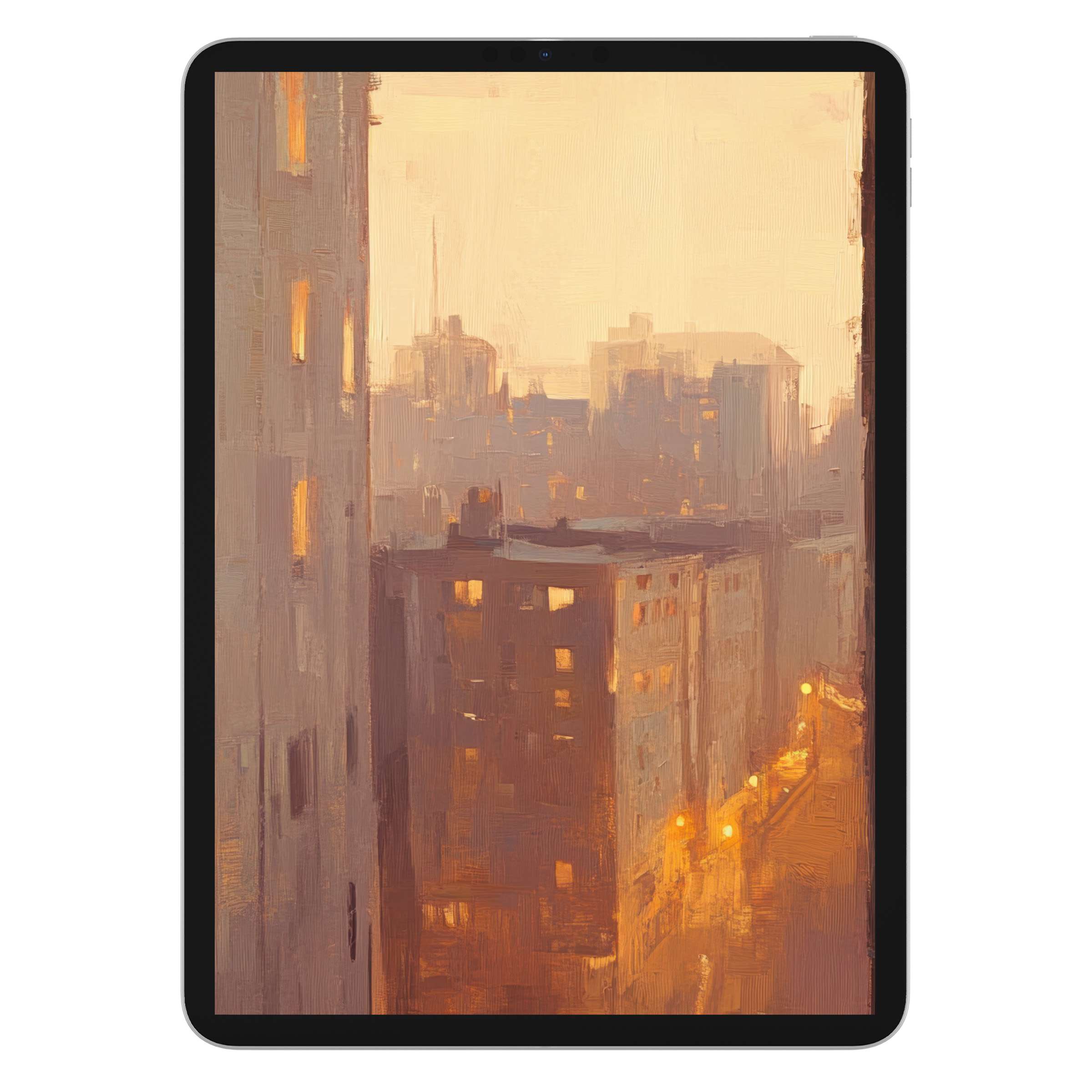 Urban art iPad wallpaper featuring warm sunset hues and textured cityscape for tablet background digital download ambiance