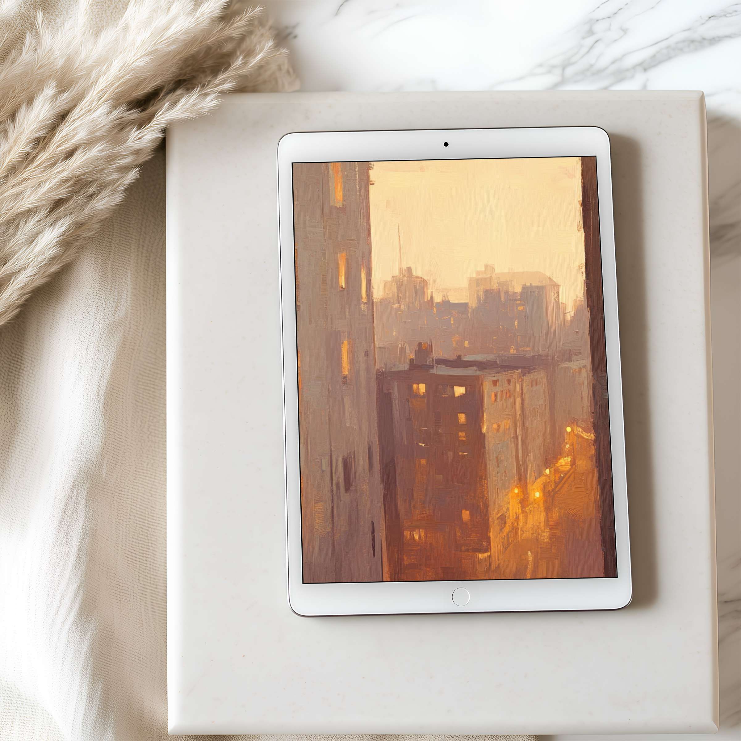 Elegant cityscape tablet wallpaper art featuring warm hues in a minimalist setting, perfect for curated iPad or Android digital downloads