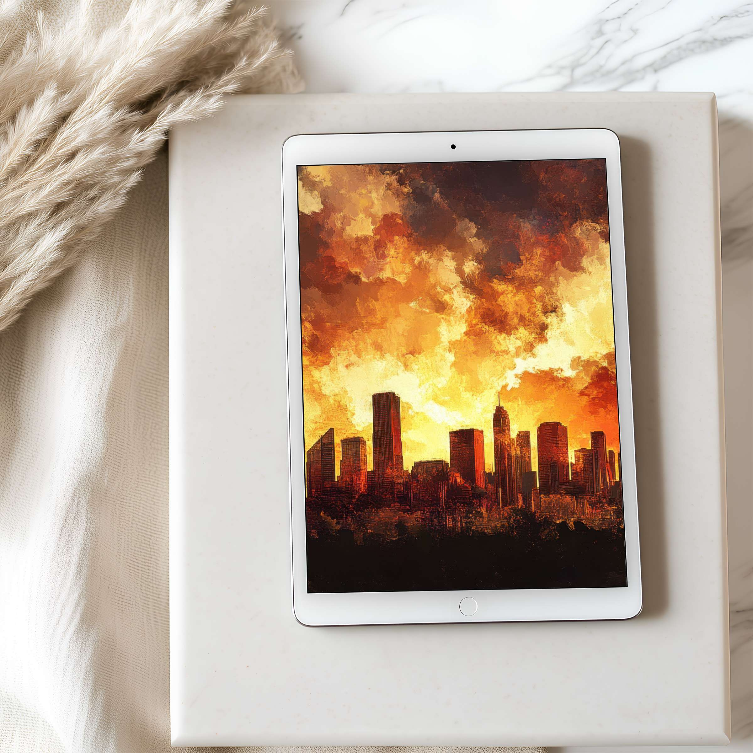 Inspire serenity with this fiery cityscape tablet wallpaper, perfect for a high resolution iPad or Android tablet download