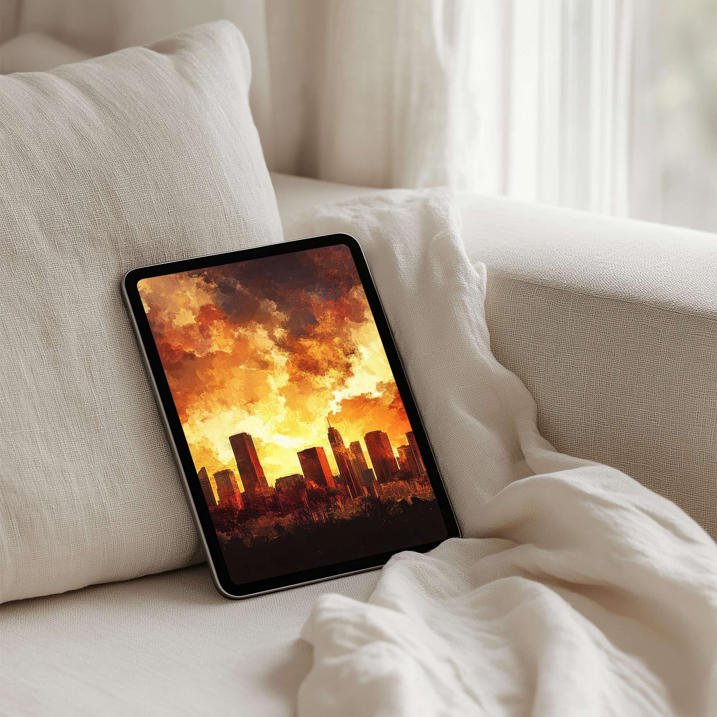 Elegant iPad background with warm sunset skyline painting offers calm and inspiration for tablet users seeking instant download tranquility