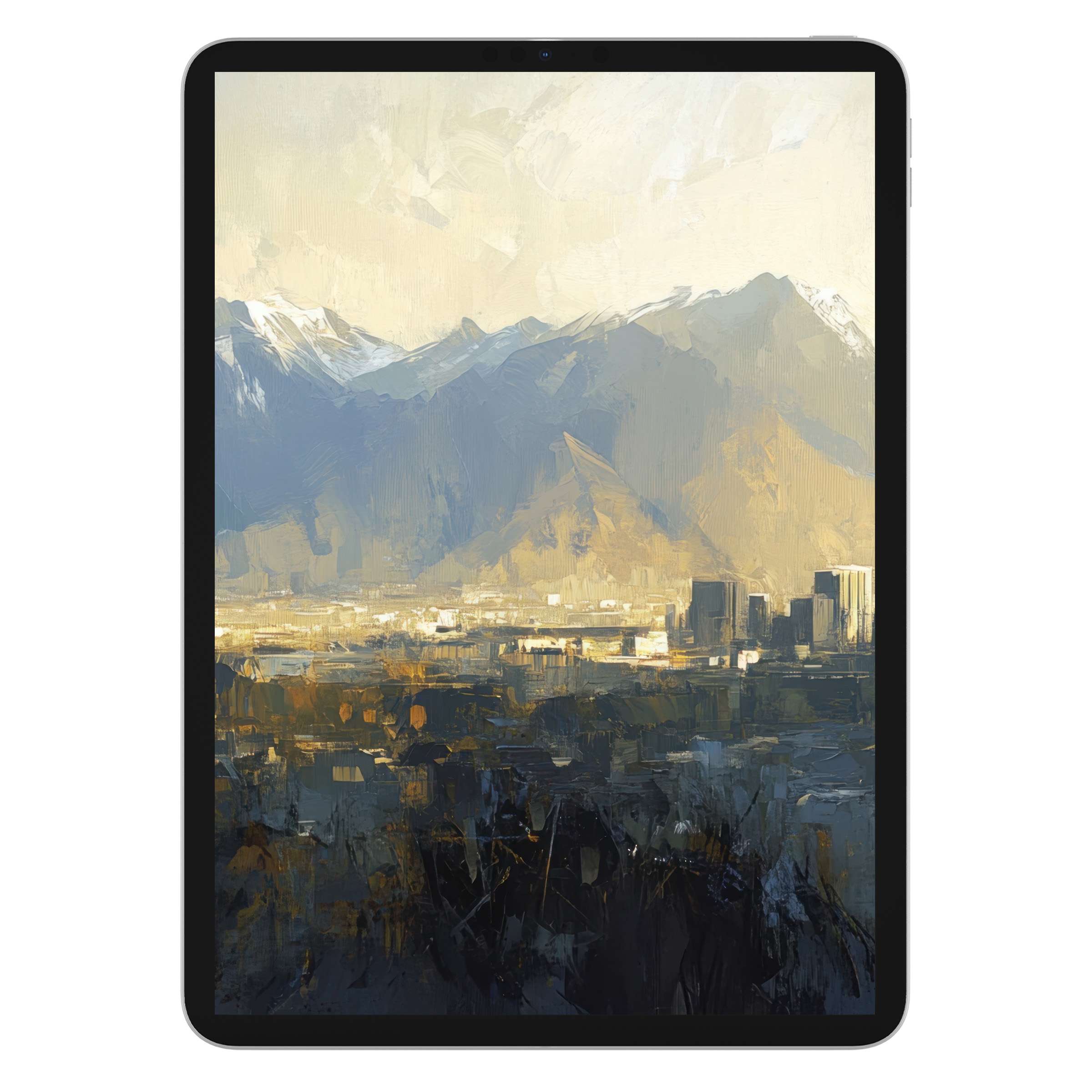 Urban art iPad wallpaper showcasing serene cityscape with abstract mountains perfect for tablet background digital download use