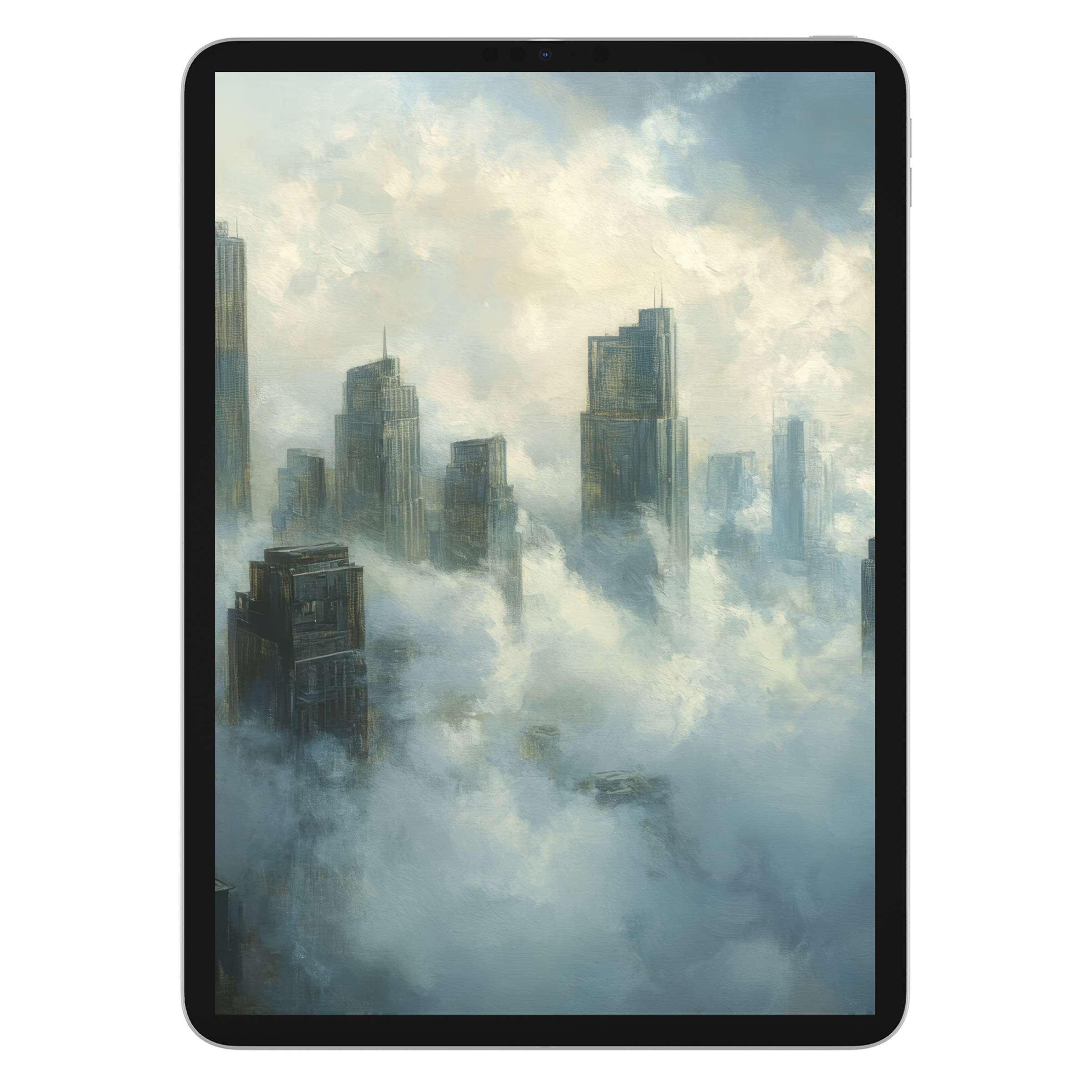 Urban art iPad wallpaper features serene misty skyscrapers, offering a calming digital download background for any tablet use