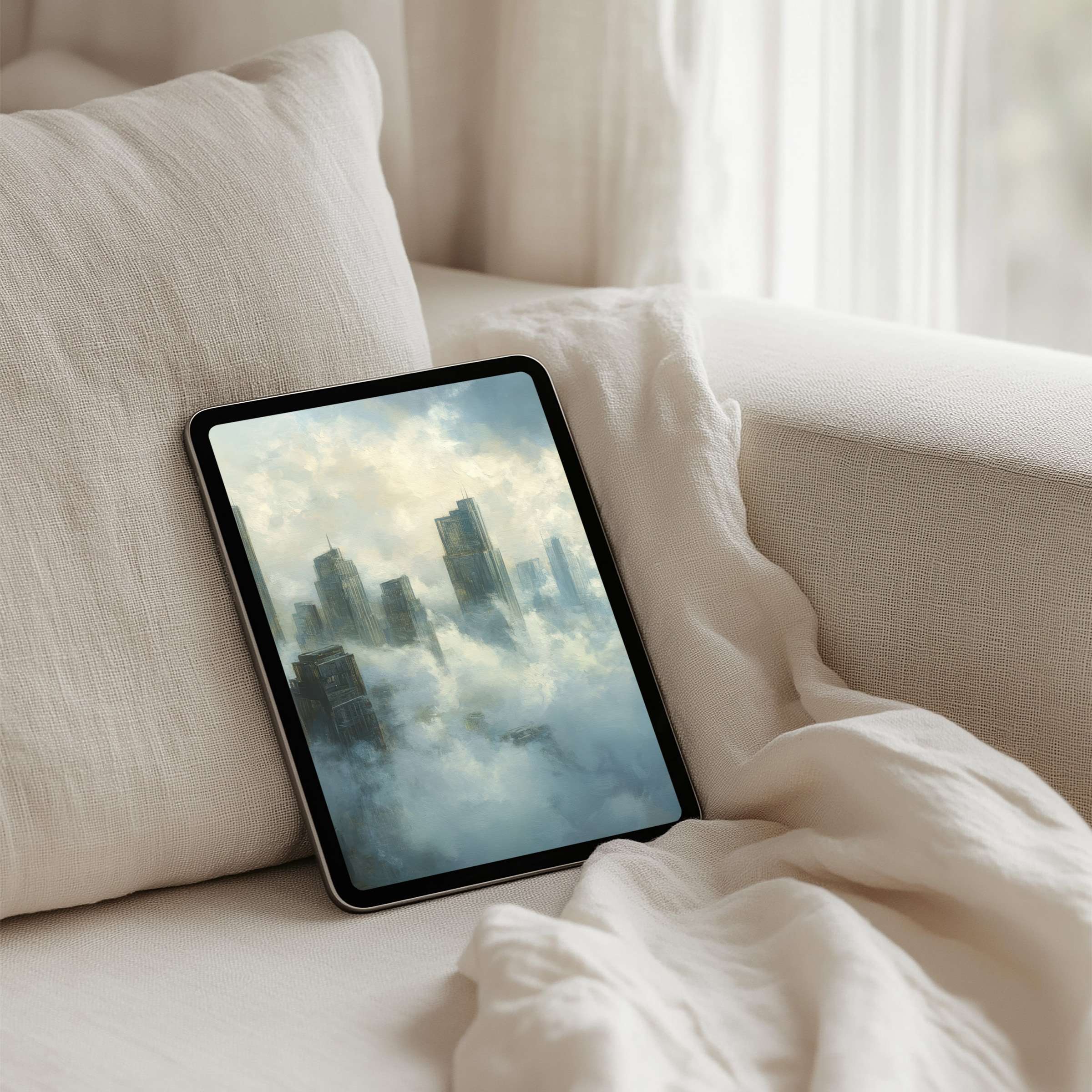 Dreamy cityscape in soft hues for iPad background, available for instant download, fits Samsung and Android tablets, inspires calm