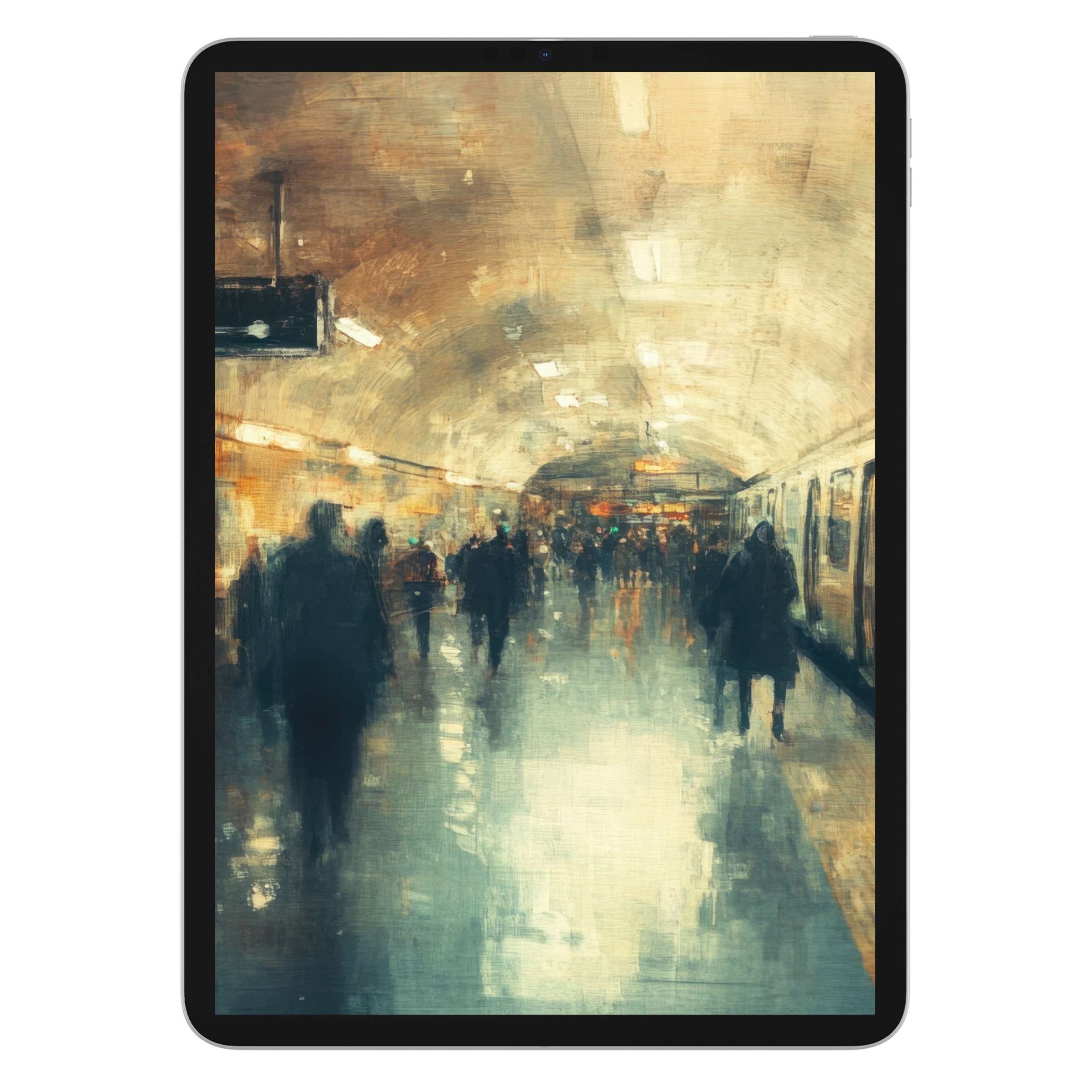 Urban art iPad wallpaper with abstract metro scene, soft hues evoke calm, ideal digital download for tablet background elegance