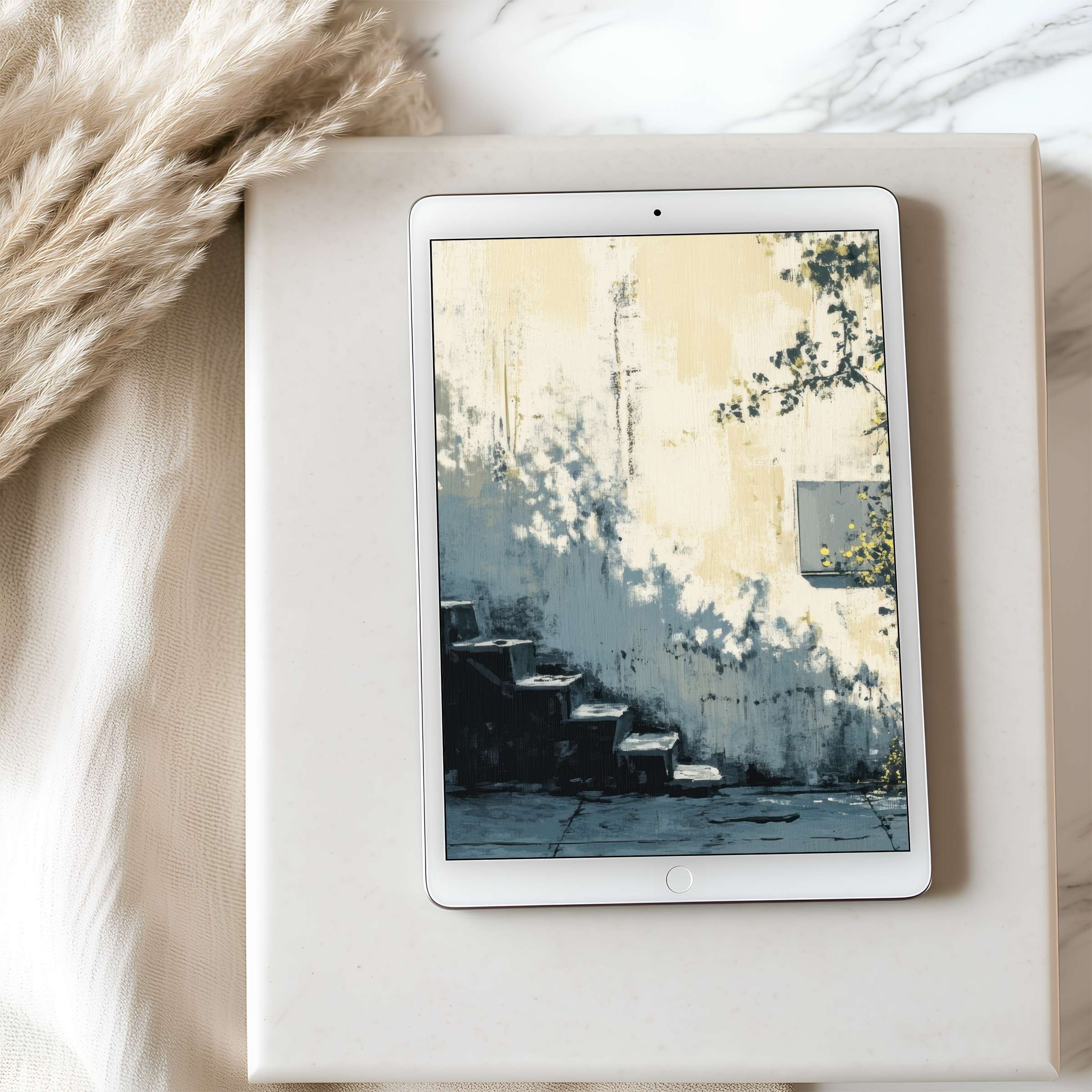 Elegant tablet wallpaper features soft pastel stairway painting, ideal for high-resolution iPad or Android, perfect digital download