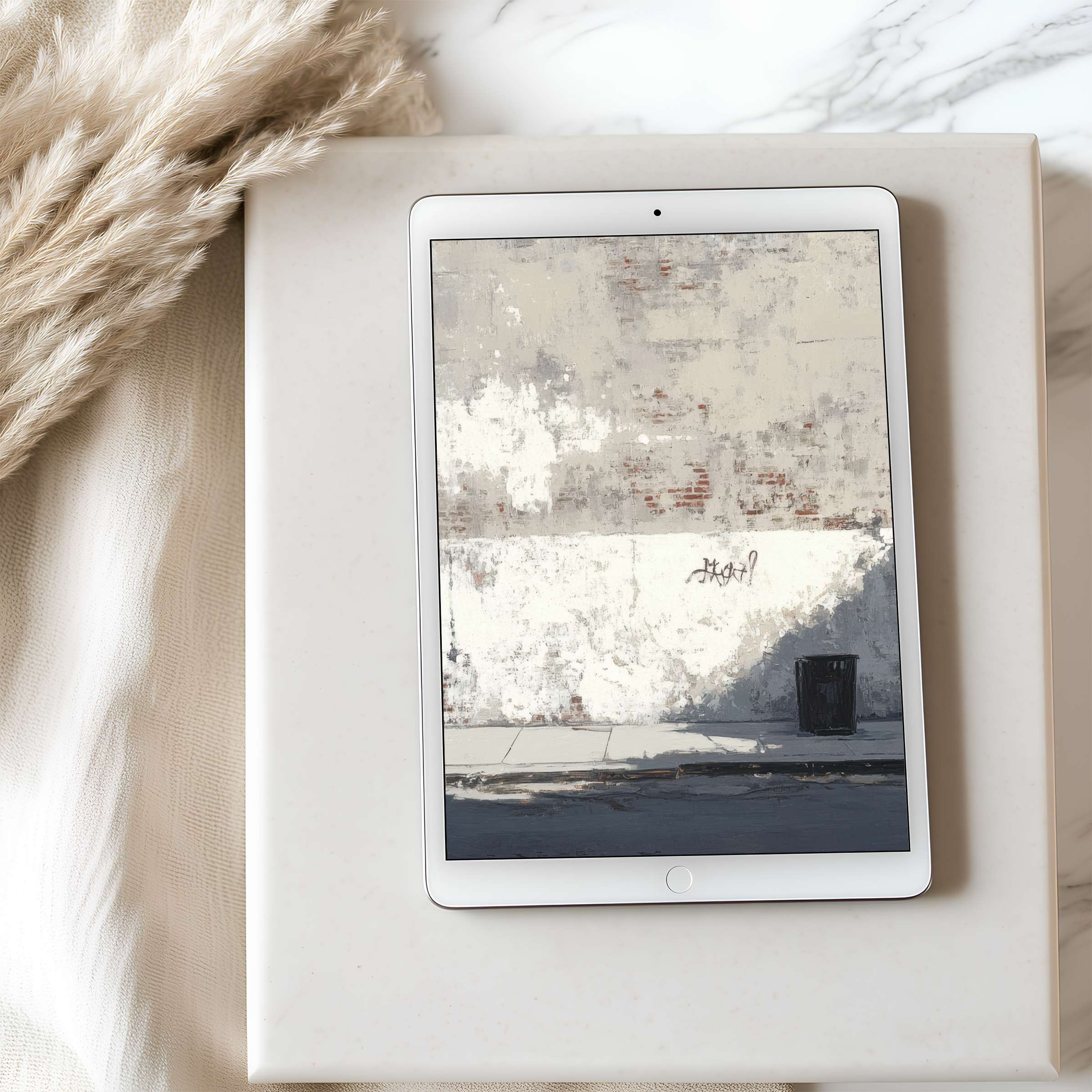 High-resolution tablet wallpaper featuring an elegant street art scene in muted tones, perfect for iPad and Android digital downloads