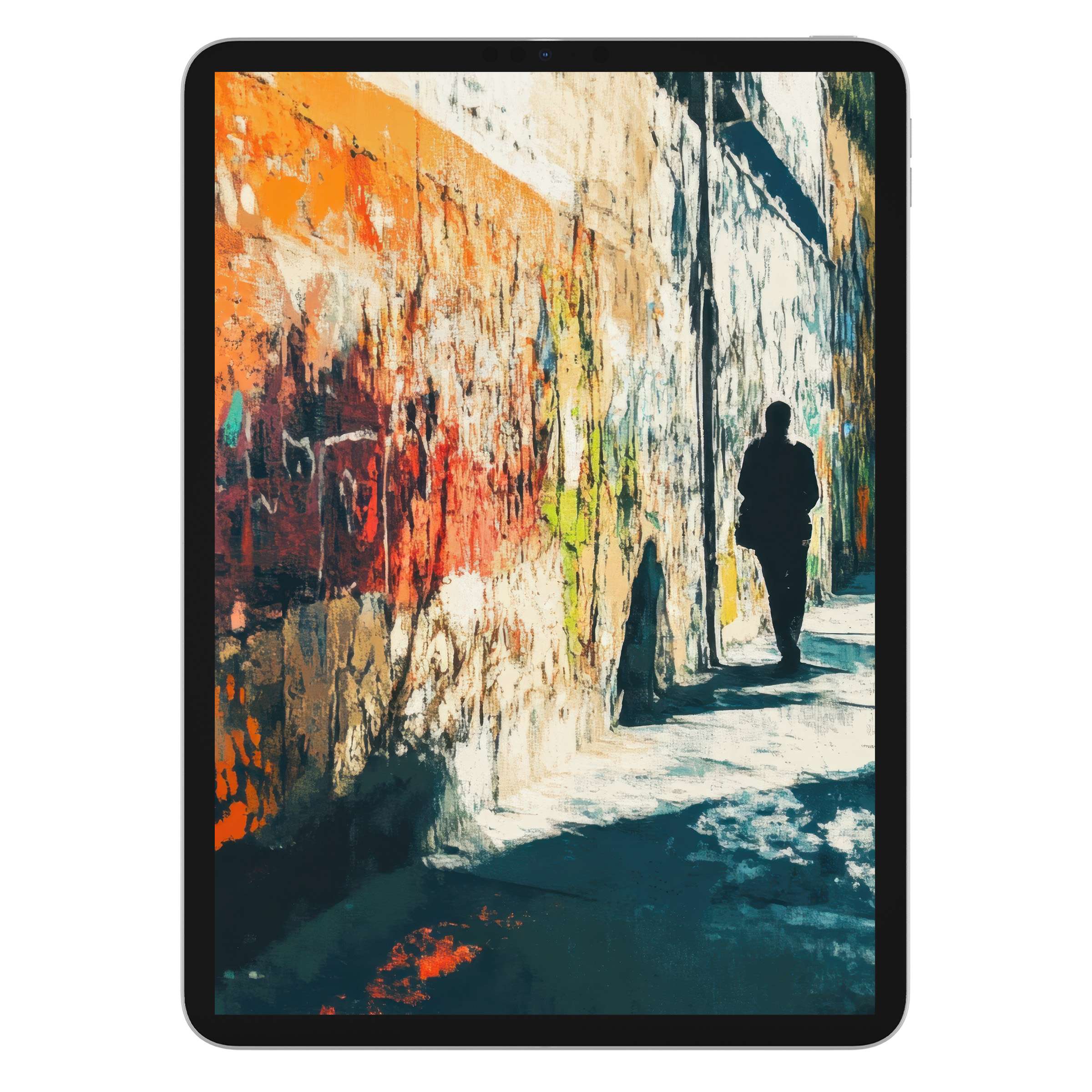 Urban art iPad wallpaper featuring vivid orange and teal textures as a digital download for tablet backgrounds radiates serenity and style