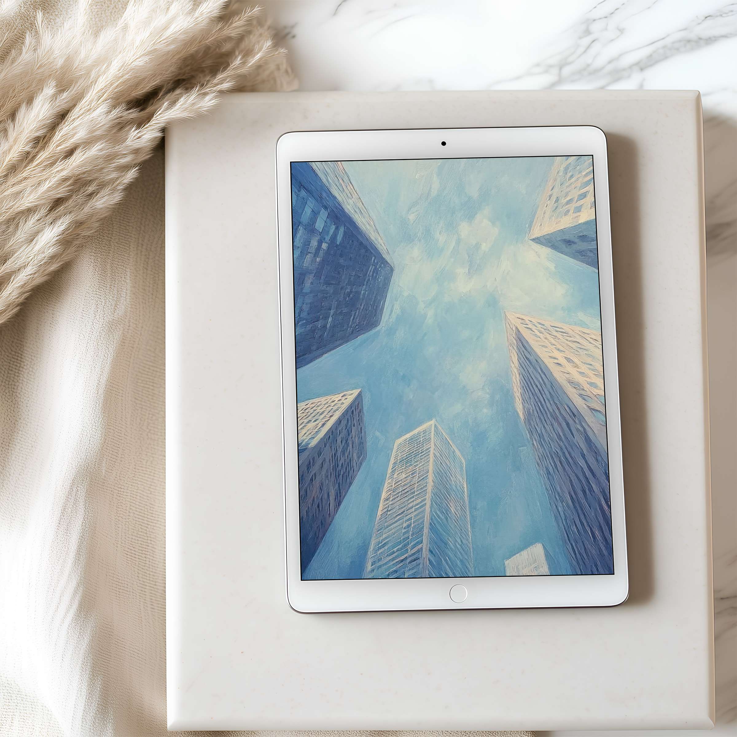Skyscraper digital art in tablet wallpaper, capturing sky-blue elegance, perfect for iPad or Android tablets, high resolution, serene download
