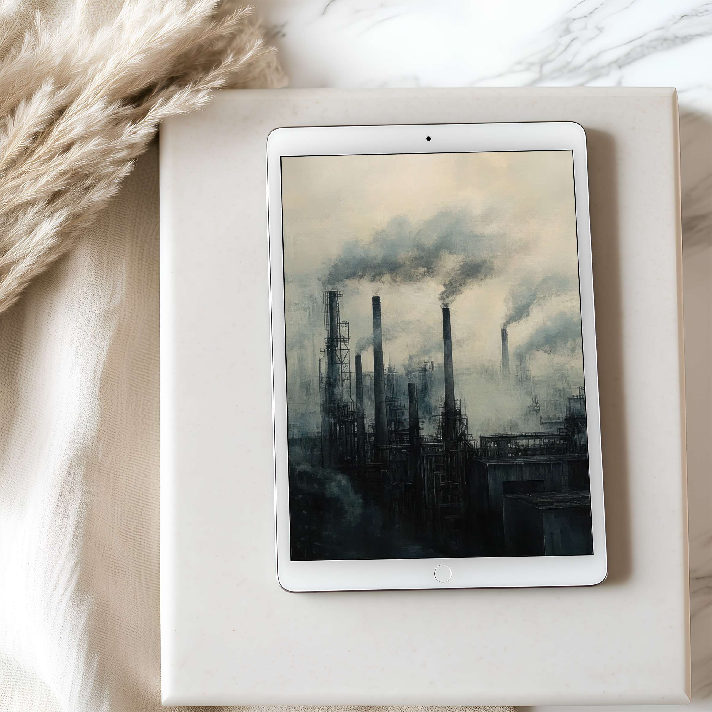 Elegant industrial scene tablet wallpaper with muted tones, capturing serene ambiance perfect for iPad or Android; ideal digital download