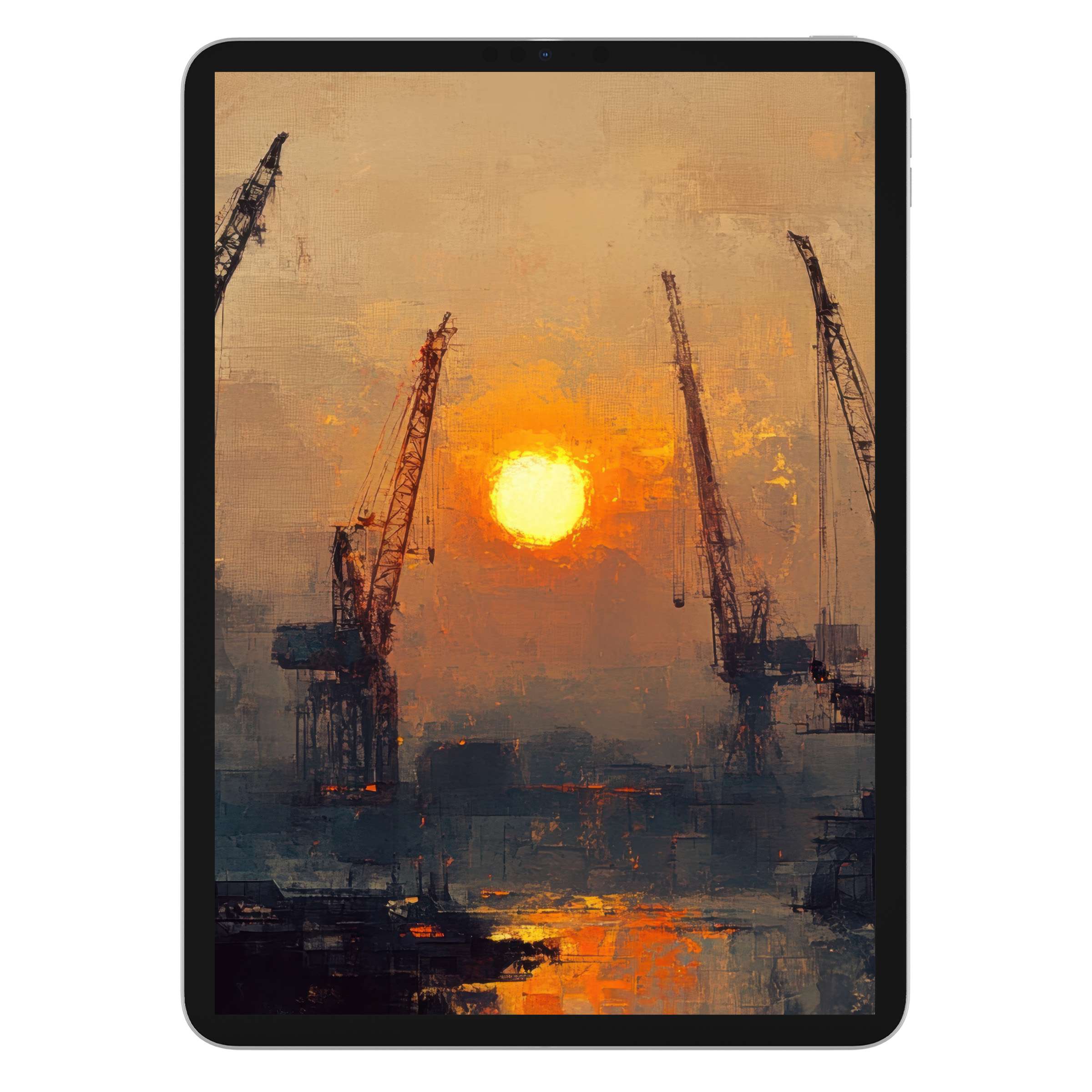 Urban art iPad wallpaper features cranes silhouetted against a glowing sunset sky, offering a serene tablet background digital download