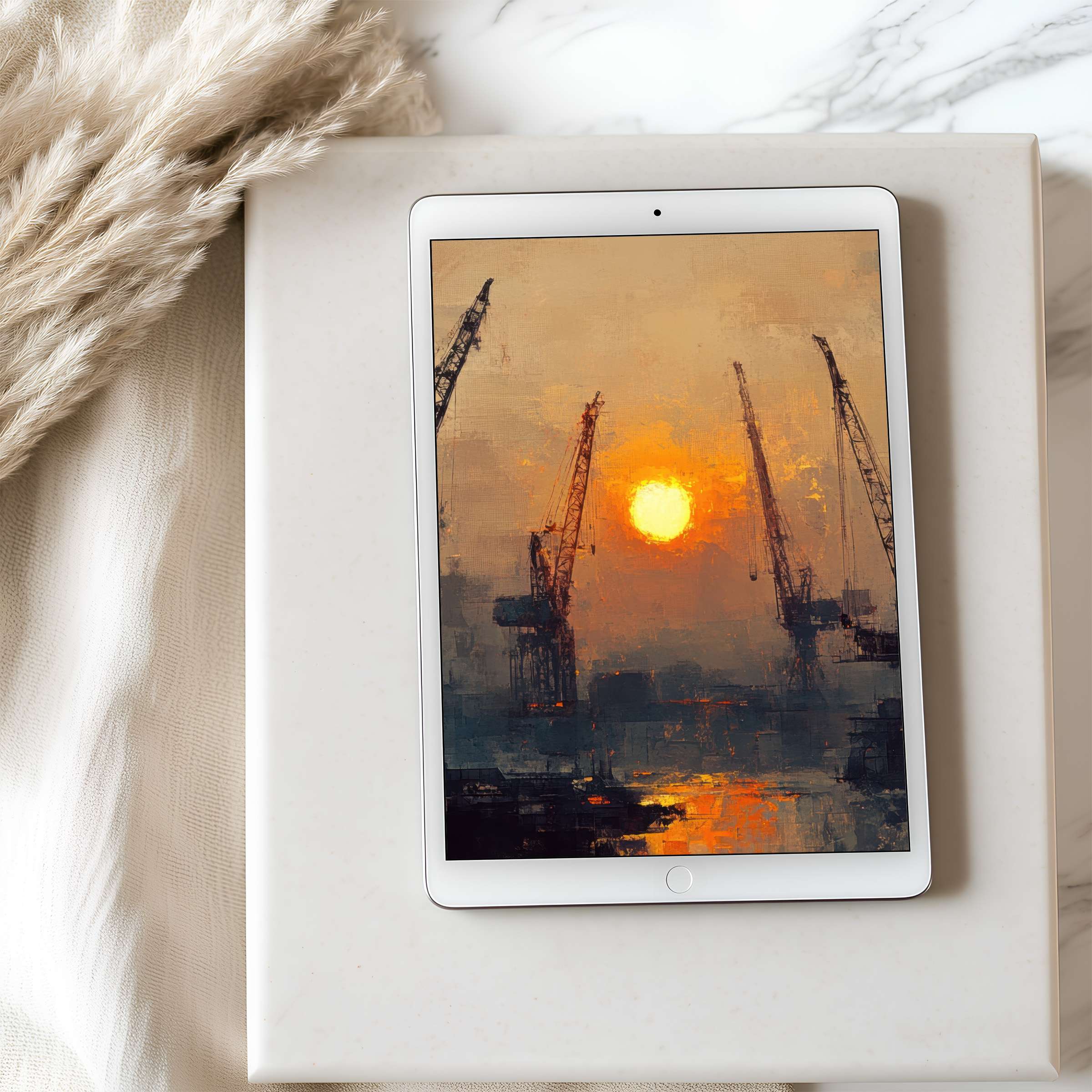 Elegant tablet wallpaper featuring a serene sunset harbor with cranes in warm tones ideal for iPad and Android digital download
