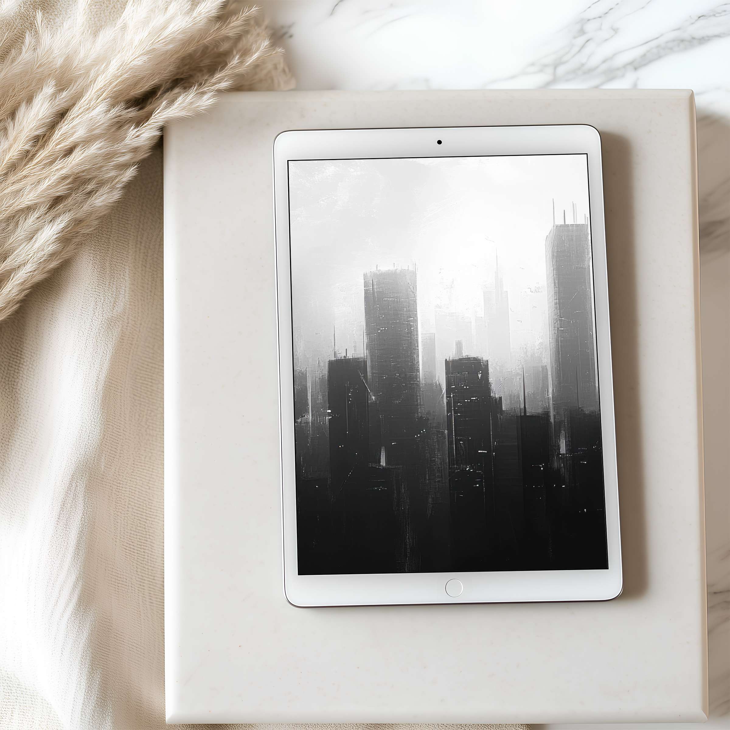 Black and white cityscape tablet wallpaper on iPad, blending modern art with serene interior, perfect for digital download and decor