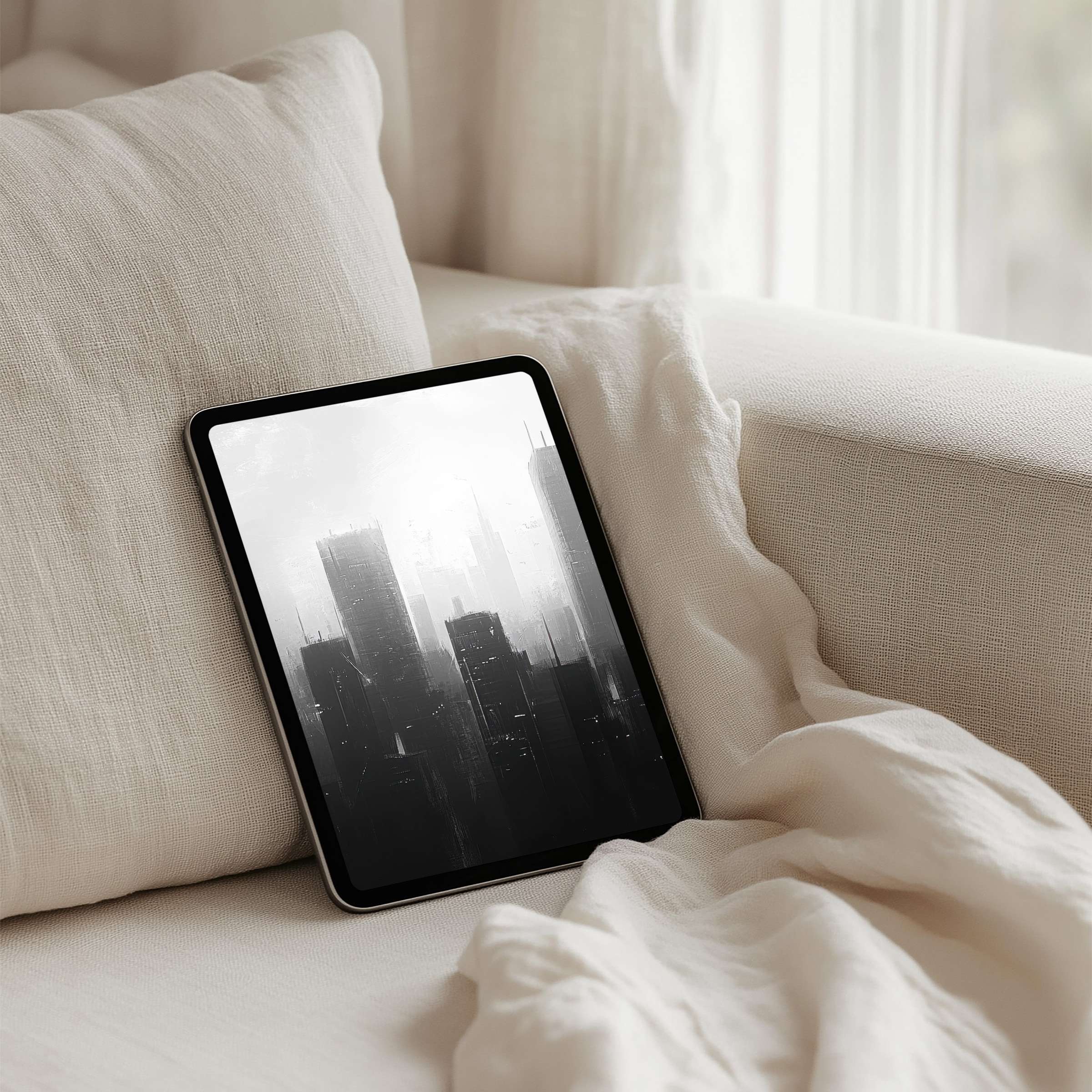 Elegant grayscale cityscape iPad background for instant download soothing for mindfulness fits iPad Samsung Android tablets