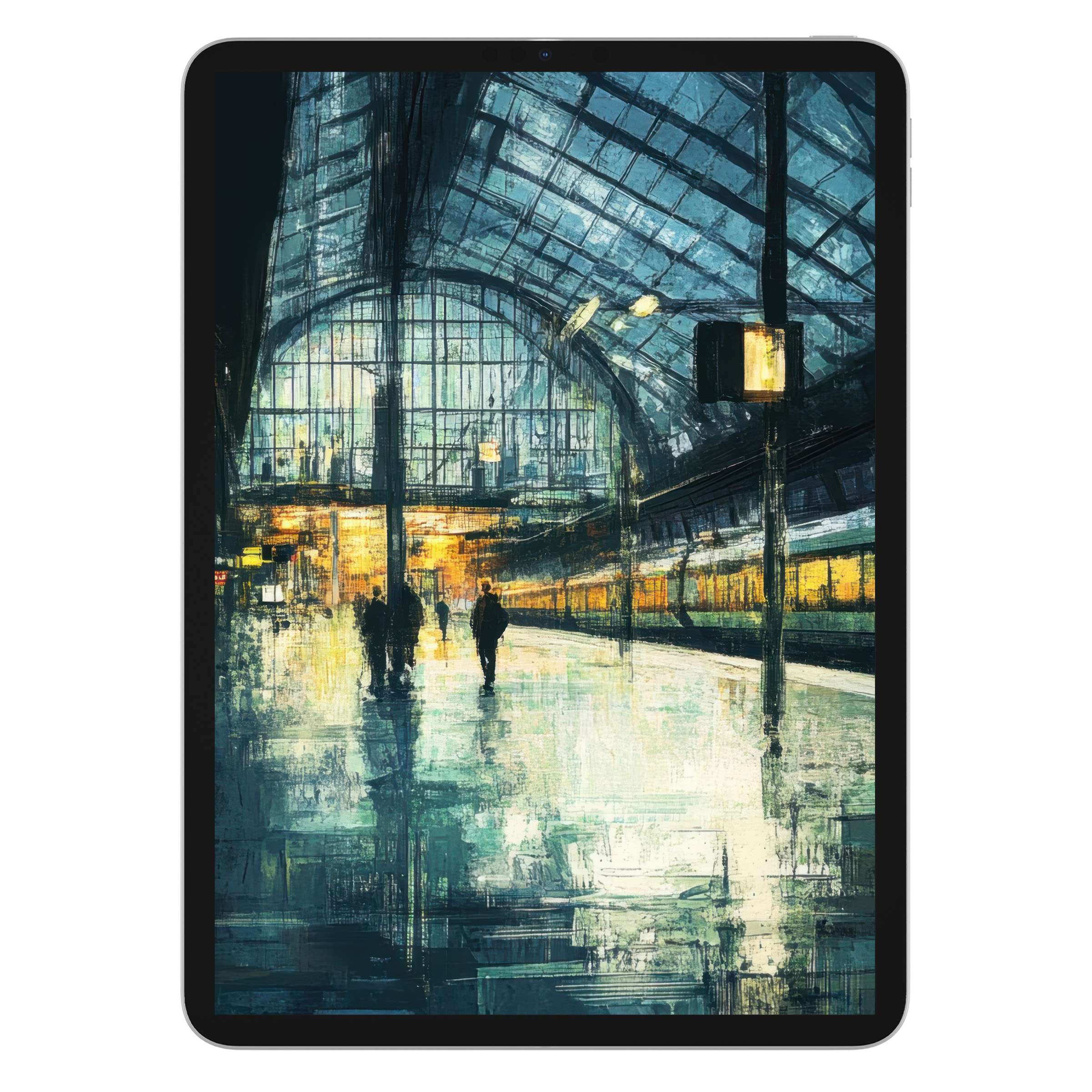 Urban art iPad wallpaper digital download featuring a serene train station in cool blue hues, ideal tablet background for design lovers