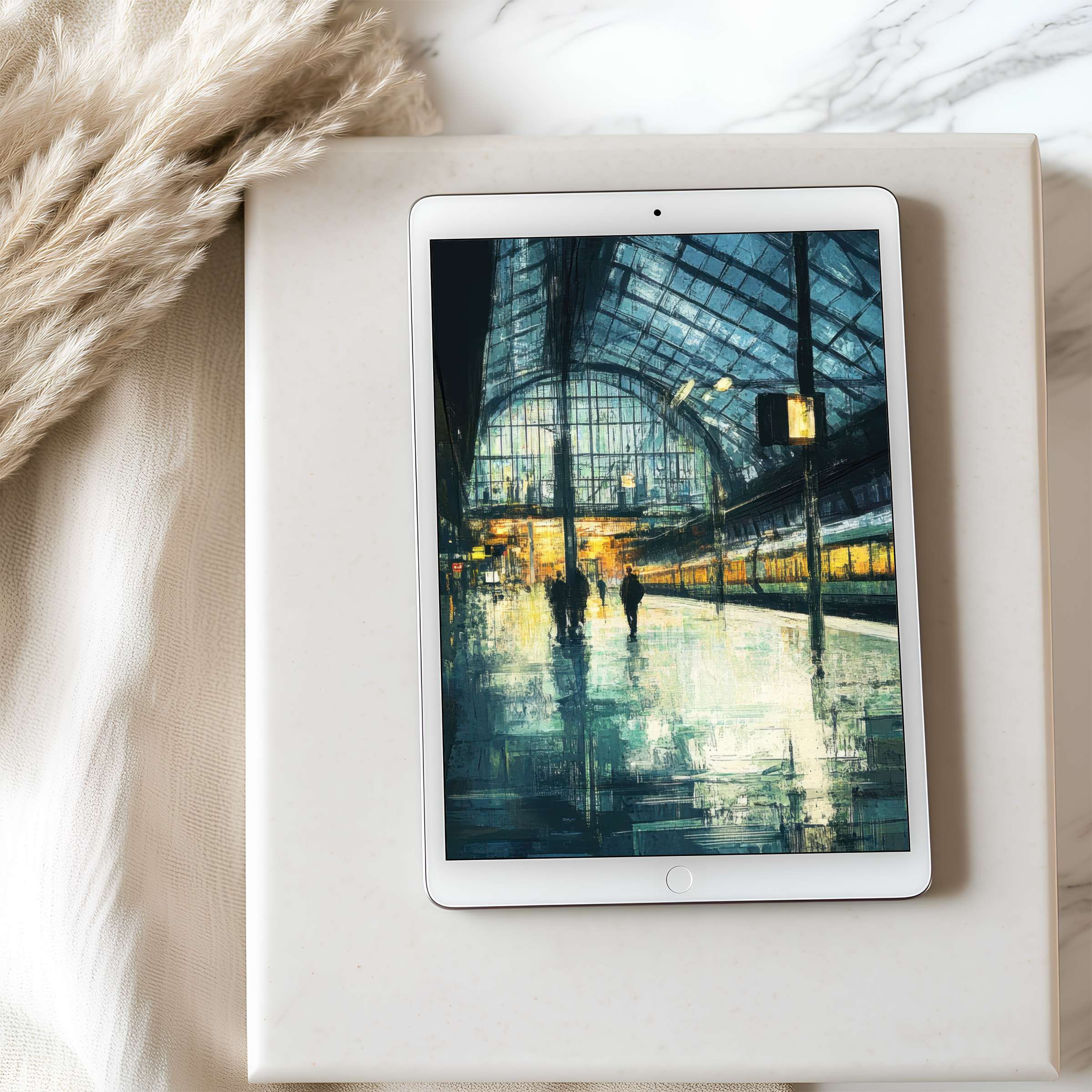 Elegant digital art showcasing a serene, abstract station scene as a tablet wallpaper ideal for iPad or Android high resolution screens