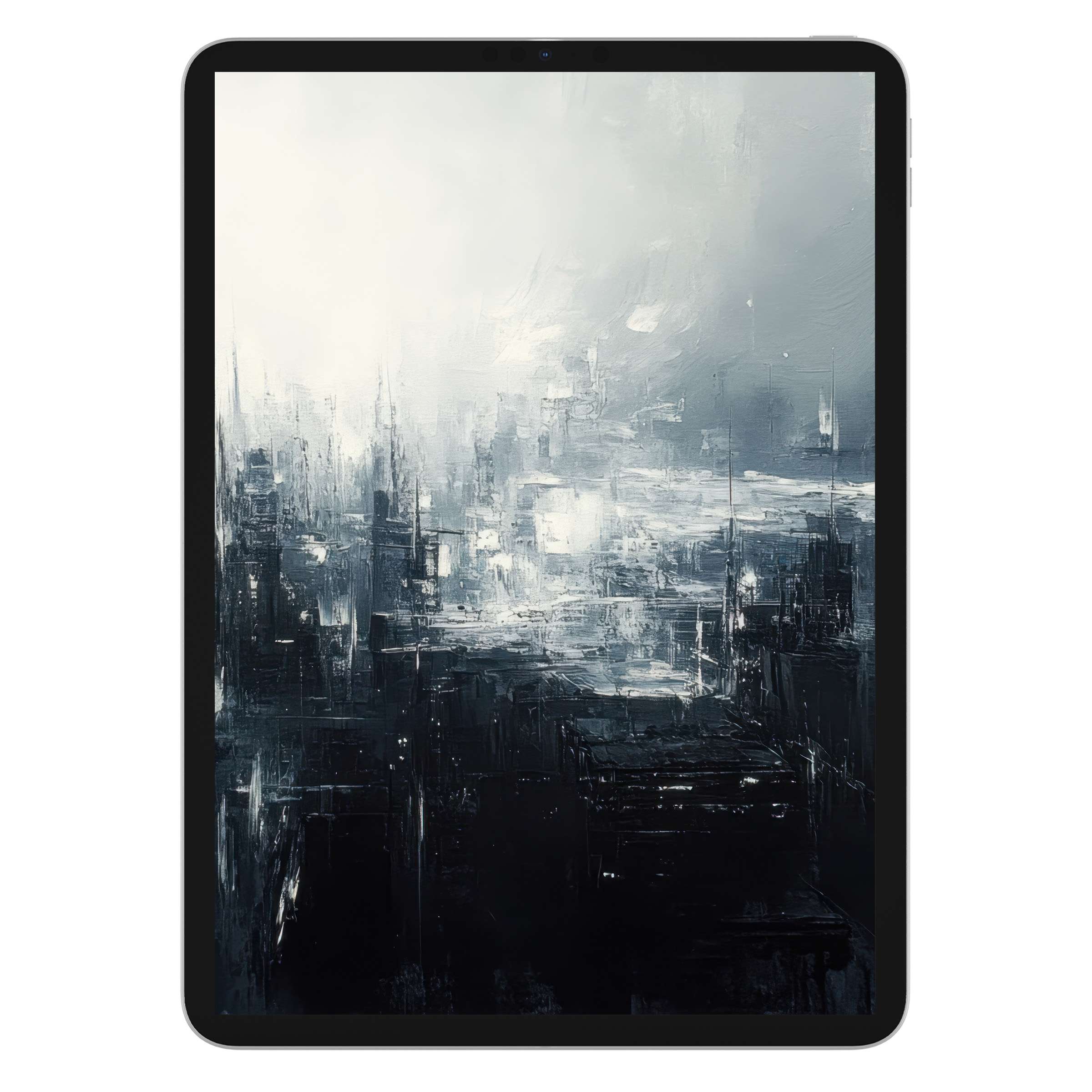 Urban art iPad wallpaper in abstract cityscape with moody grays offers calming digital download for tablet background elegance