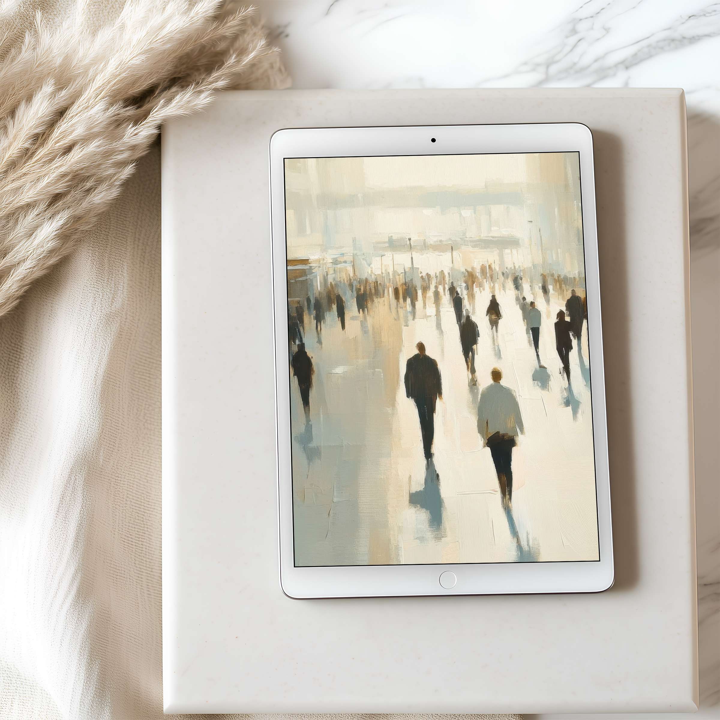 Elegant tablet wallpaper featuring serene, abstract silhouettes in warm hues, perfect for iPad or Android, offering digital calmness