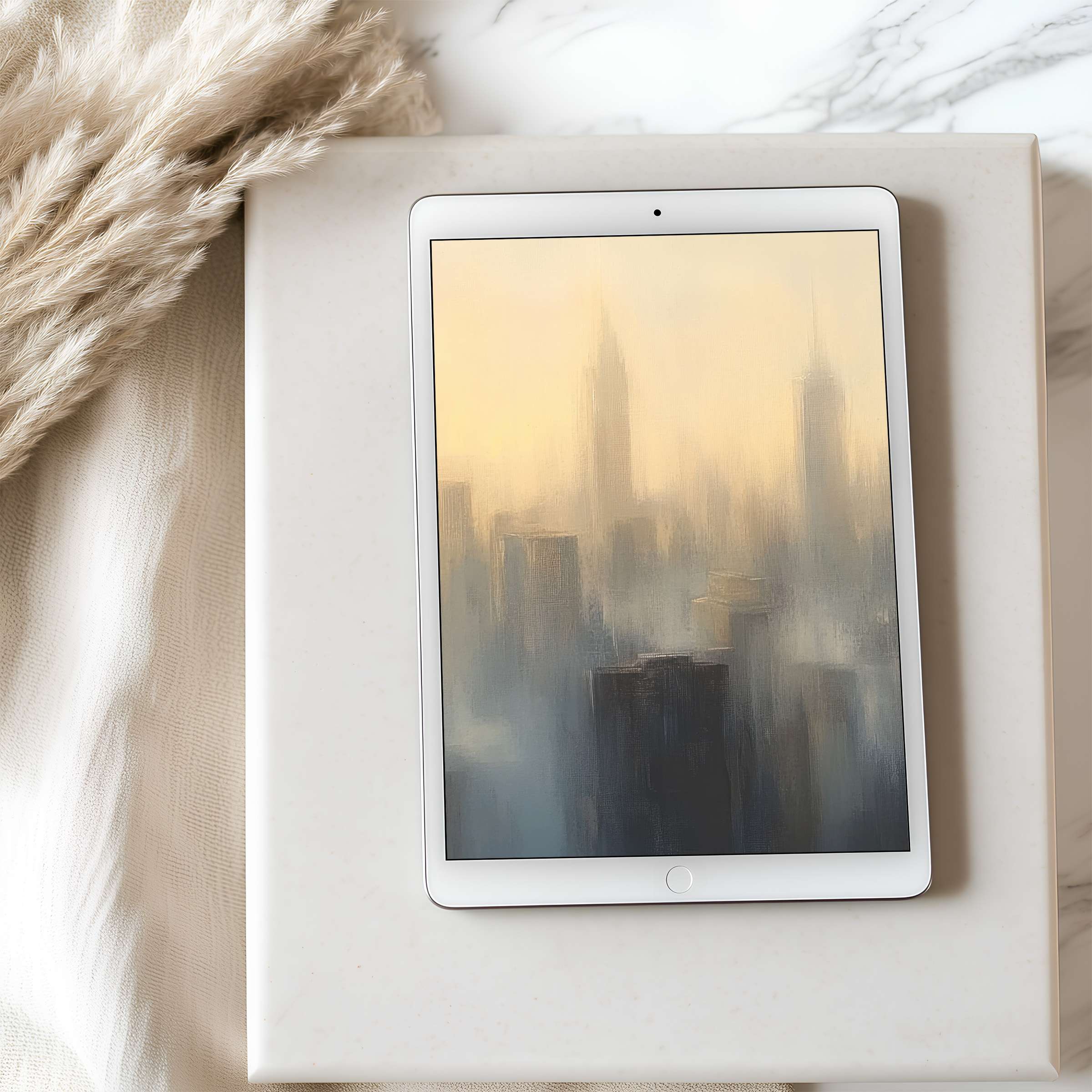 Elegant tablet wallpaper featuring a serene, high-resolution cityscape in soft pastels, perfect for iPad and Android backgrounds