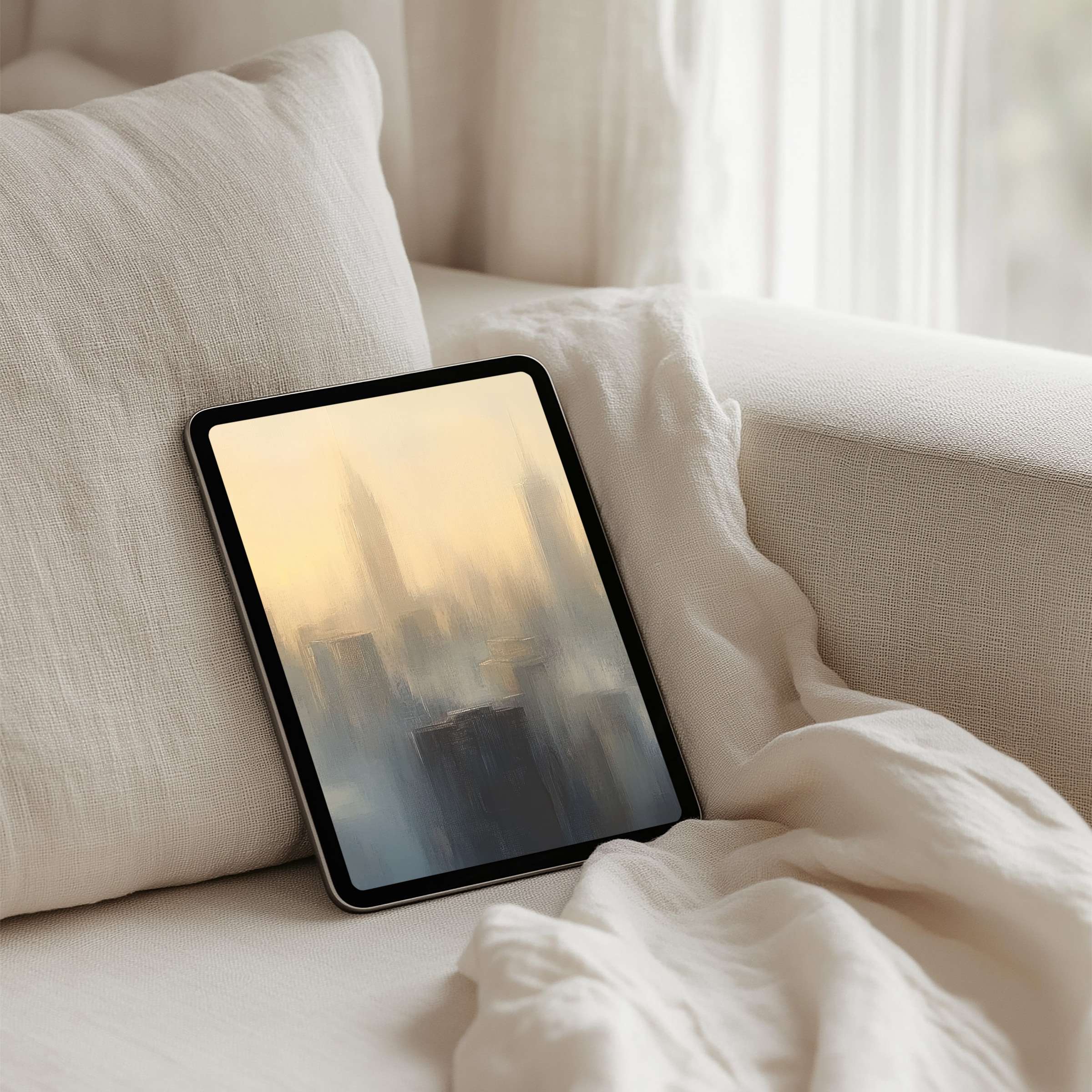 Serene watercolor cityscape iPad background offers instant download for tablet users seeking elegance and inspiration in modern design