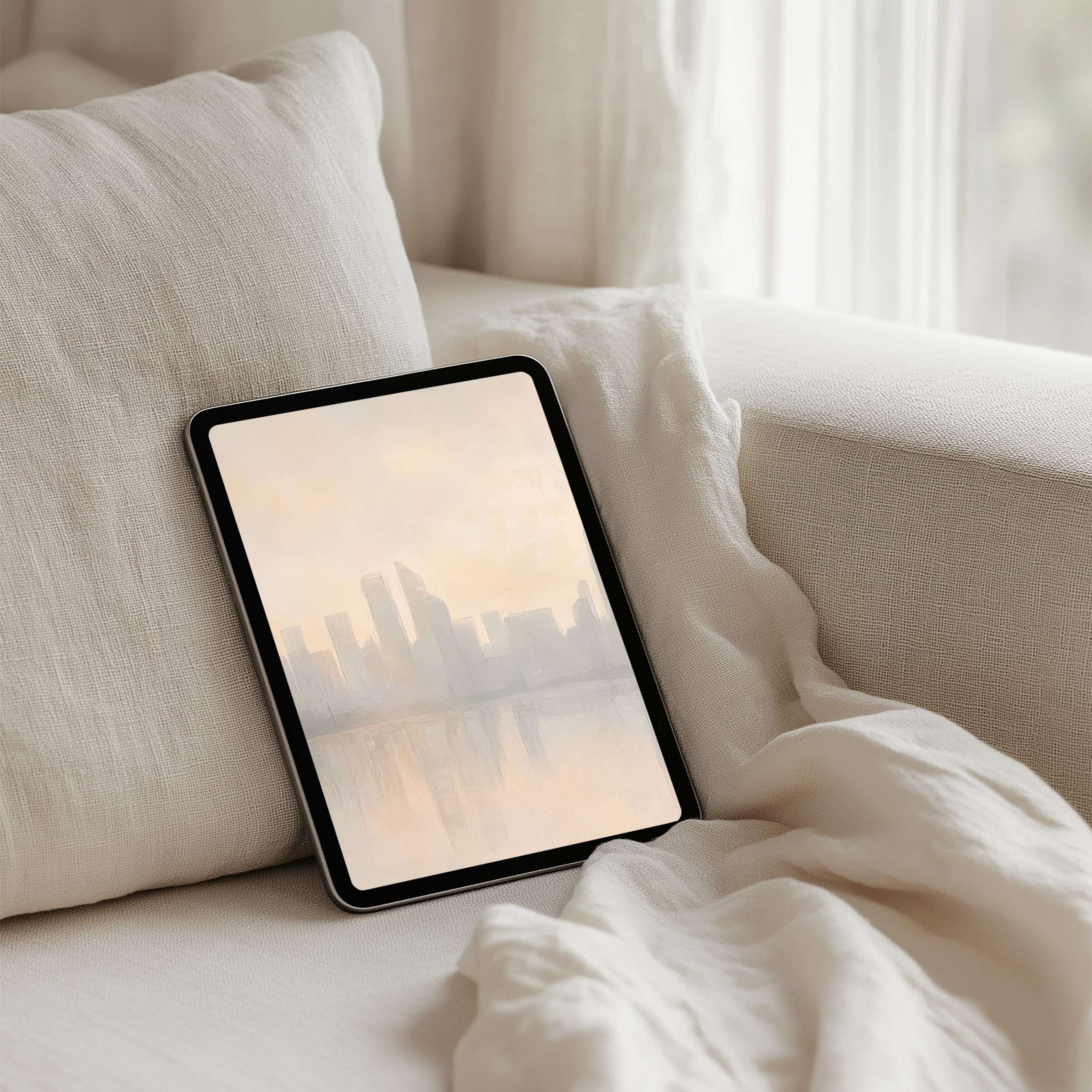 Soothing cityscape art for iPad background, perfect instant download for tablet users seeking elegance and mindful inspiration