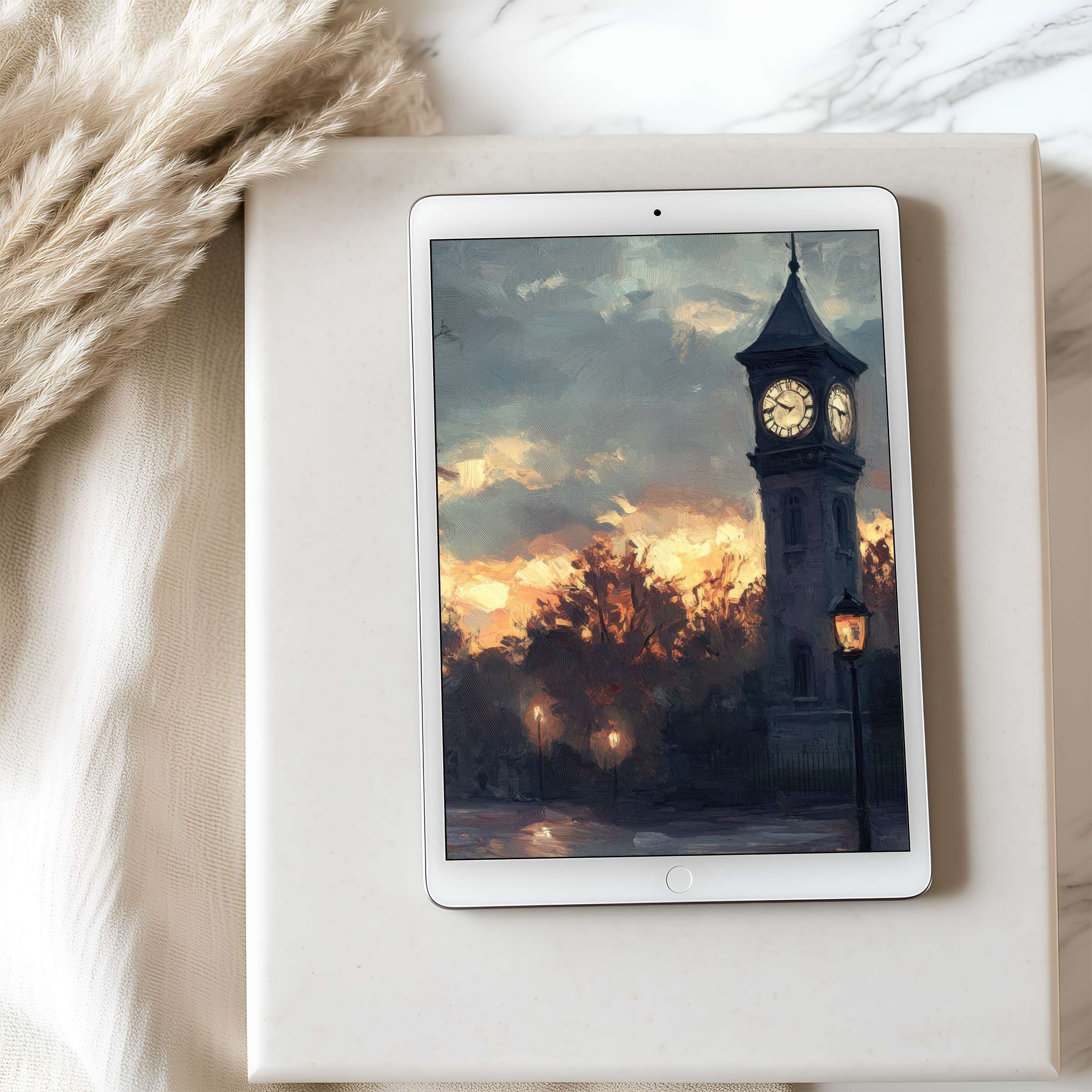 Elegant tablet wallpaper featuring a high-resolution digital painting of a sunset-lit clock tower evokes calm, ideal for any iPad download