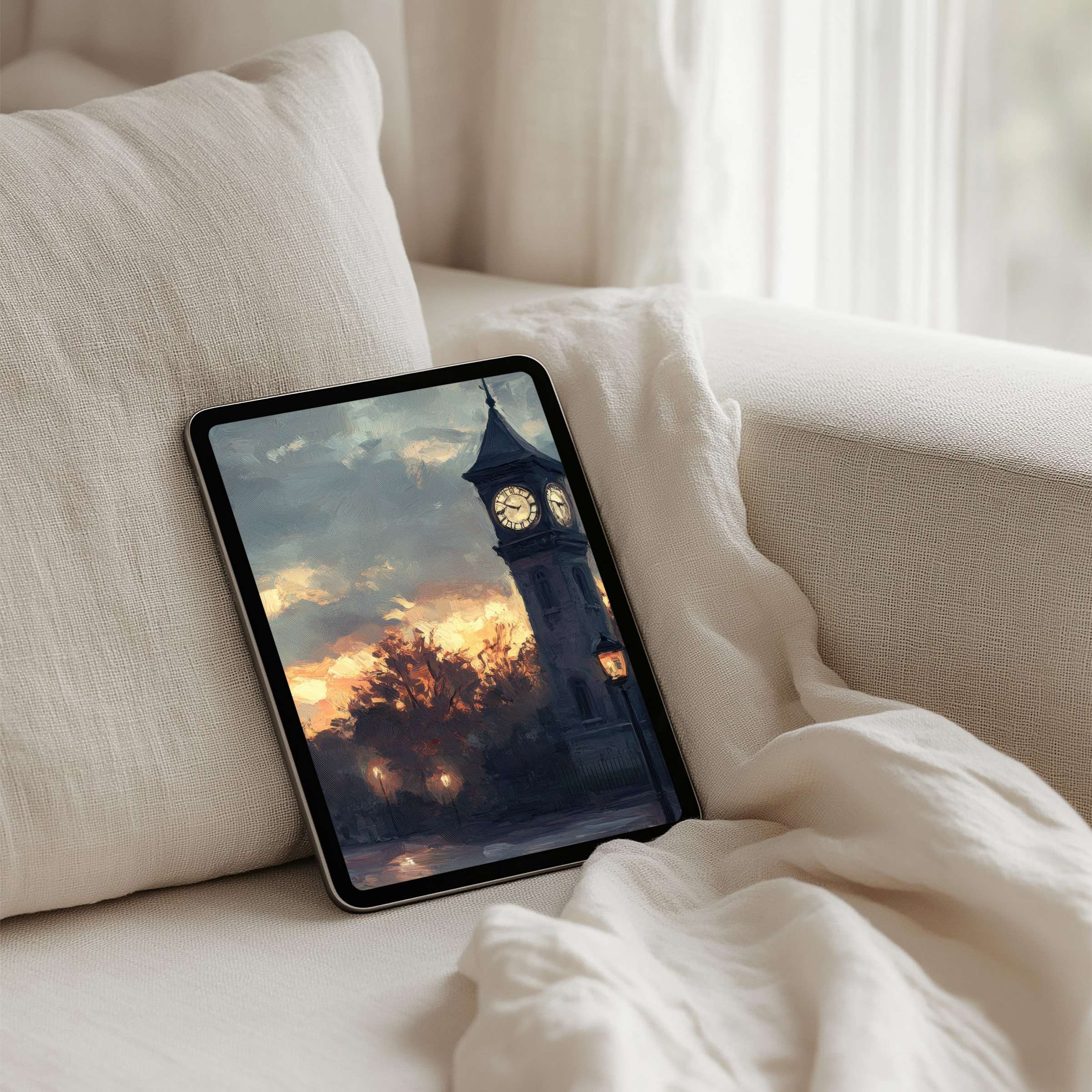Elegant iPad background featuring a serene sunset and clock tower, perfect for tablet aesthetics with instant download for calm inspiration