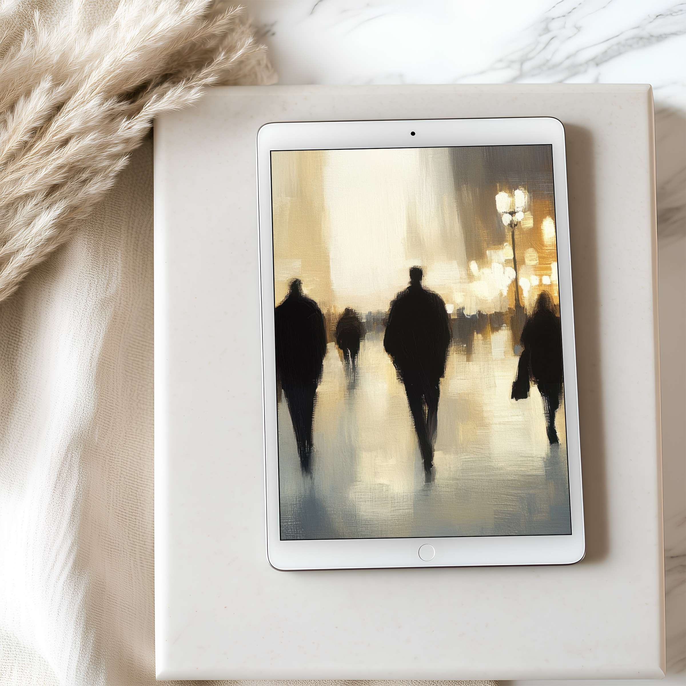 Elegant tablet wallpaper with abstract city silhouettes in warm hues, perfect for high-resolution digital downloads on iPad and Android