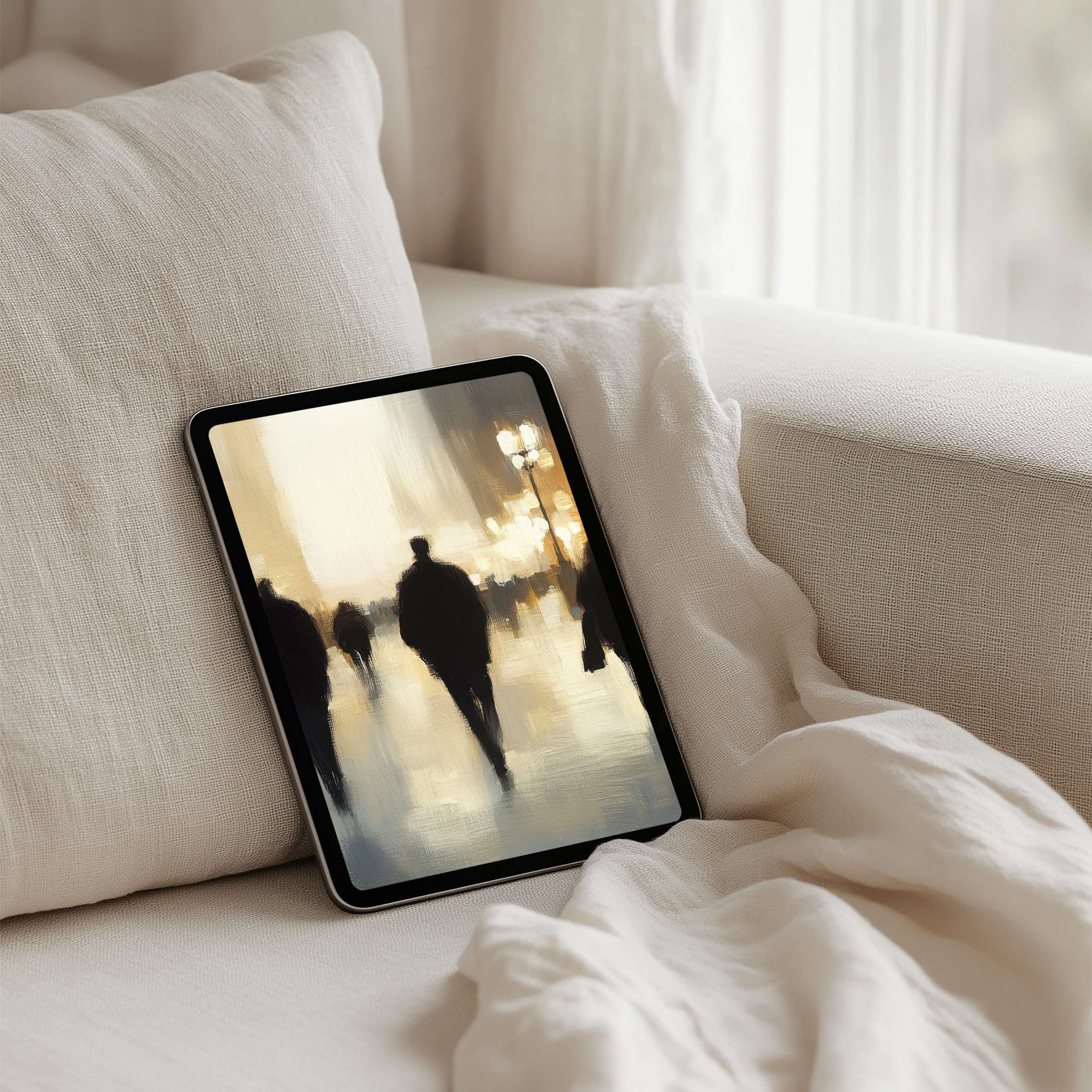 Elegant abstract urban scene on iPad background evokes calm inspiration available for instant download on any tablet