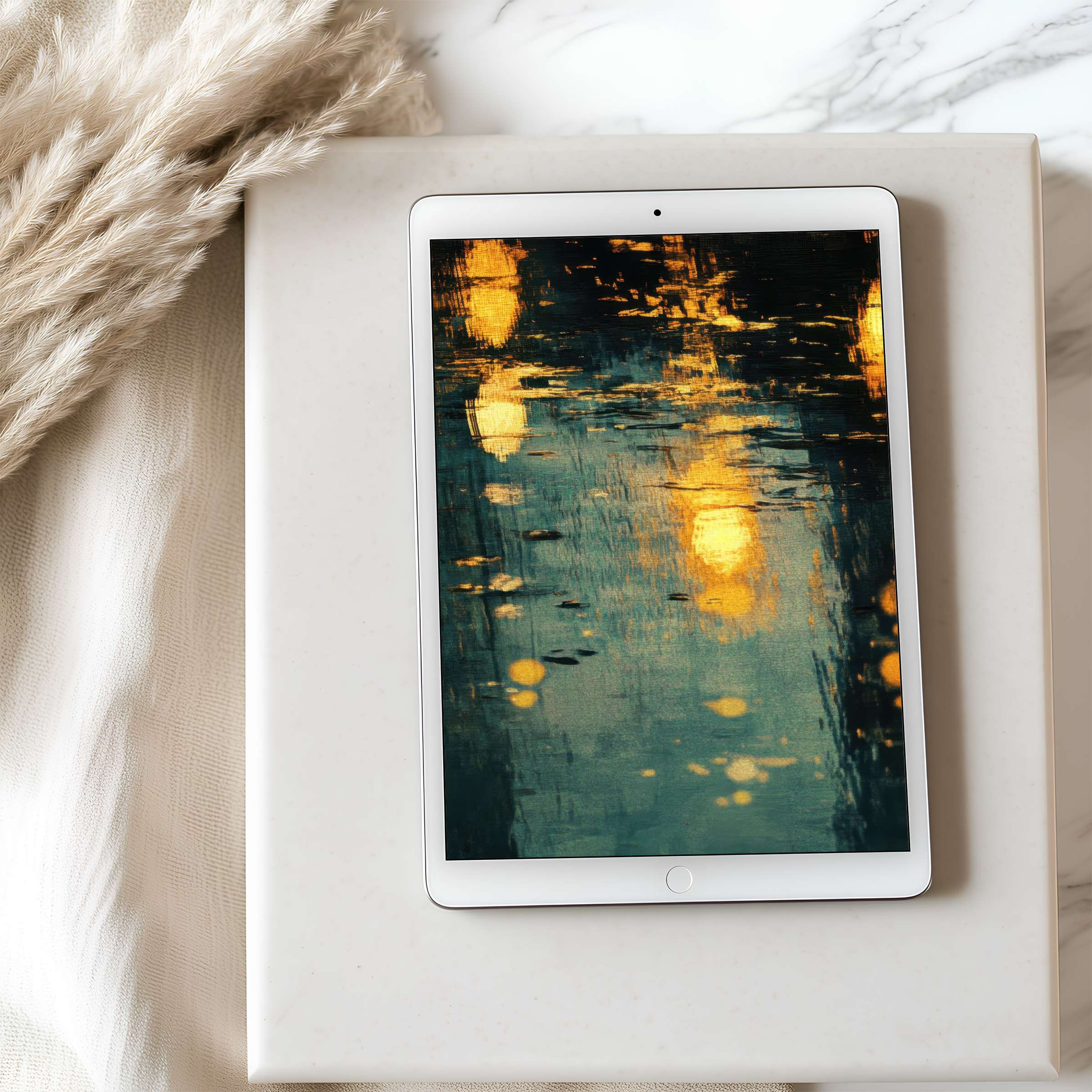 Elegant tablet wallpaper showcasing serene gold and teal reflections, perfect for iPad, high resolution, digital download for tranquil decor
