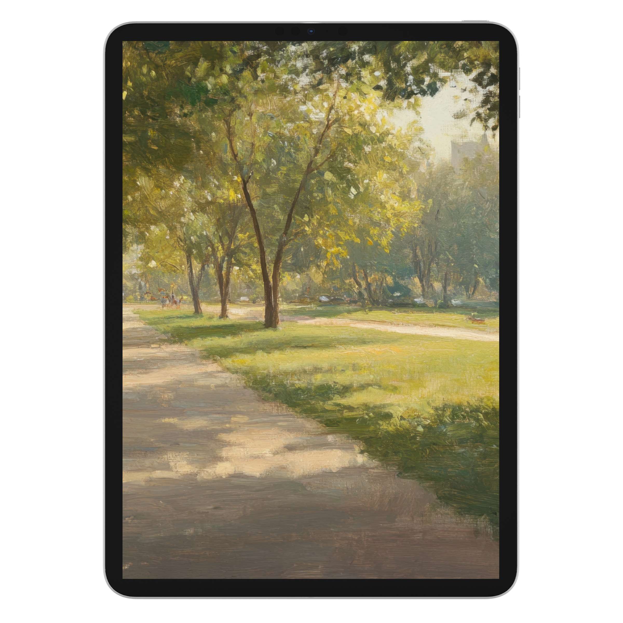 Serene urban art iPad wallpaper for a calming digital download background; perfect on tablets offering lush, green park scenes