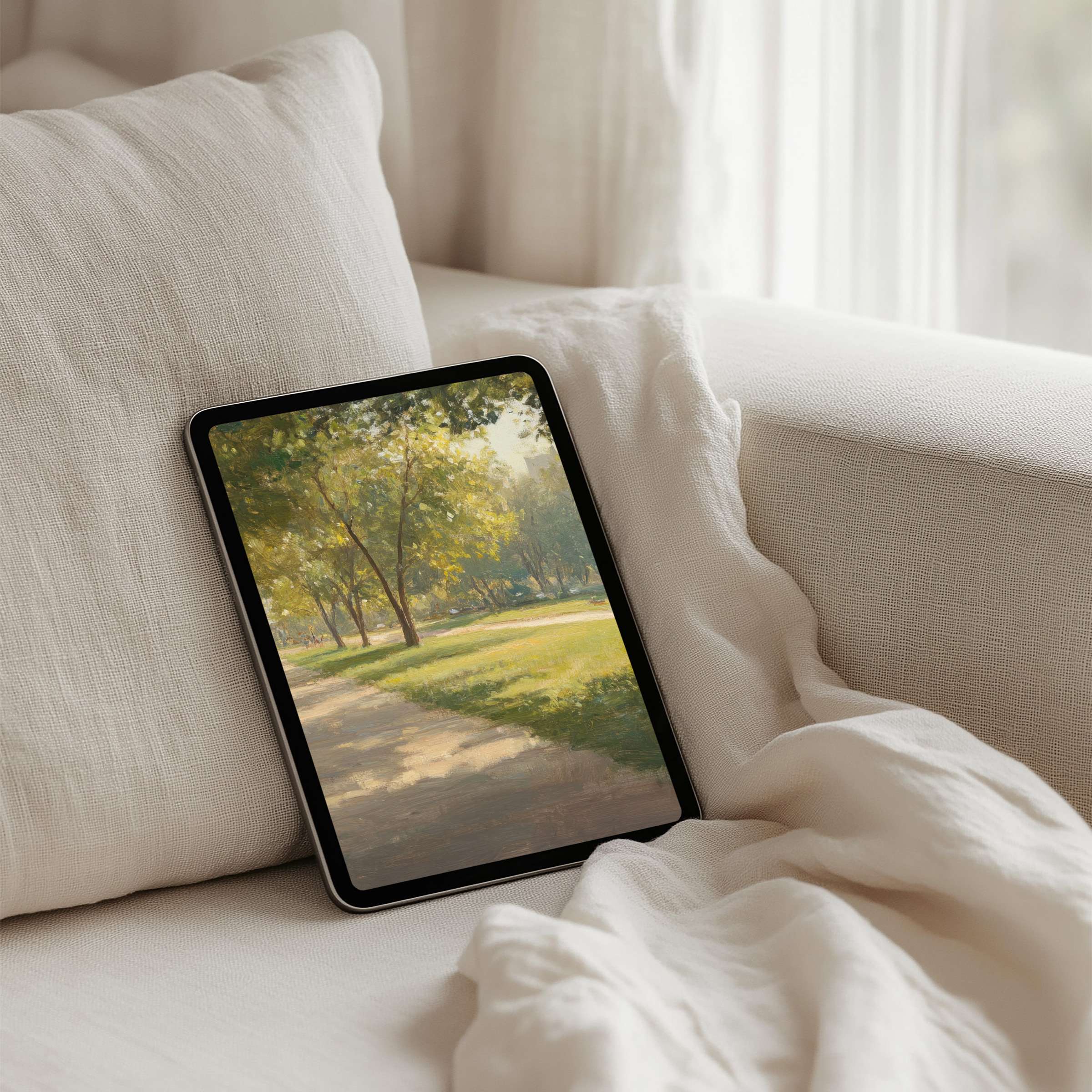 Elegant iPad background featuring serene sunlit trees on a path for instant download, perfect for tablet mindfulness and inspiration