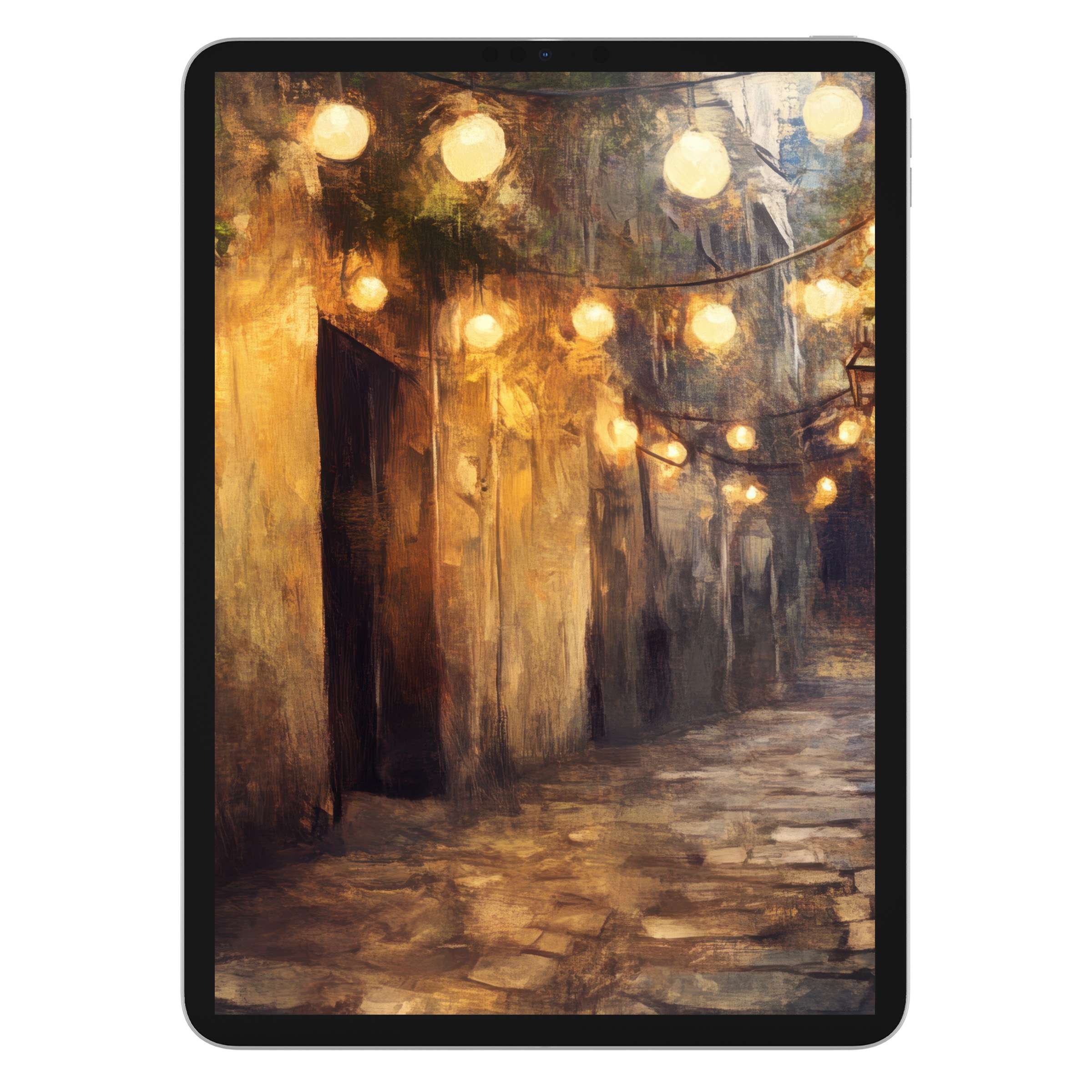 Warm-toned urban art iPad wallpaper featuring glowing lanterns in a textured alley, perfect for tablet backgrounds, digital download available