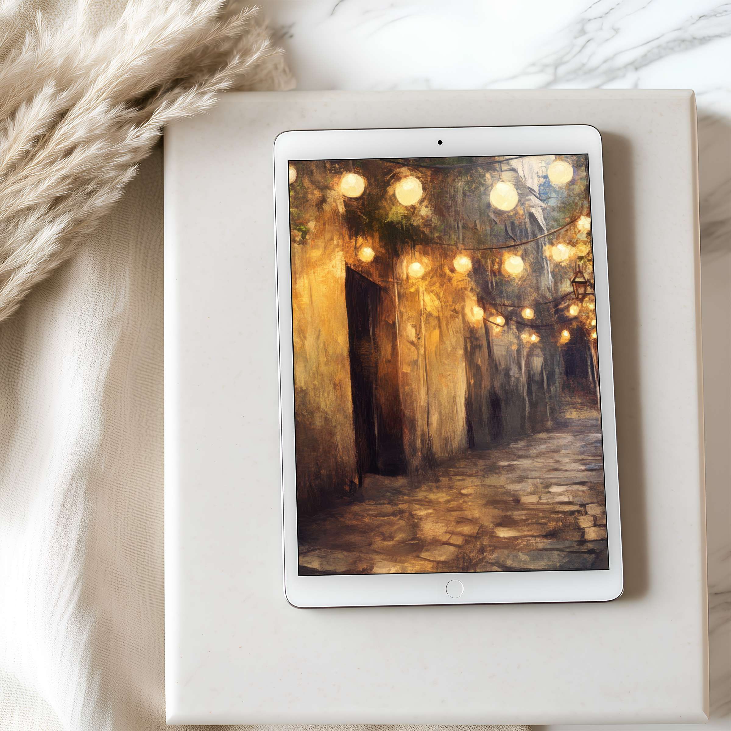 Romantic tablet wallpaper featuring warm, glowing street lamps in an artistic alley, perfect for high-resolution digital downloads on iPad