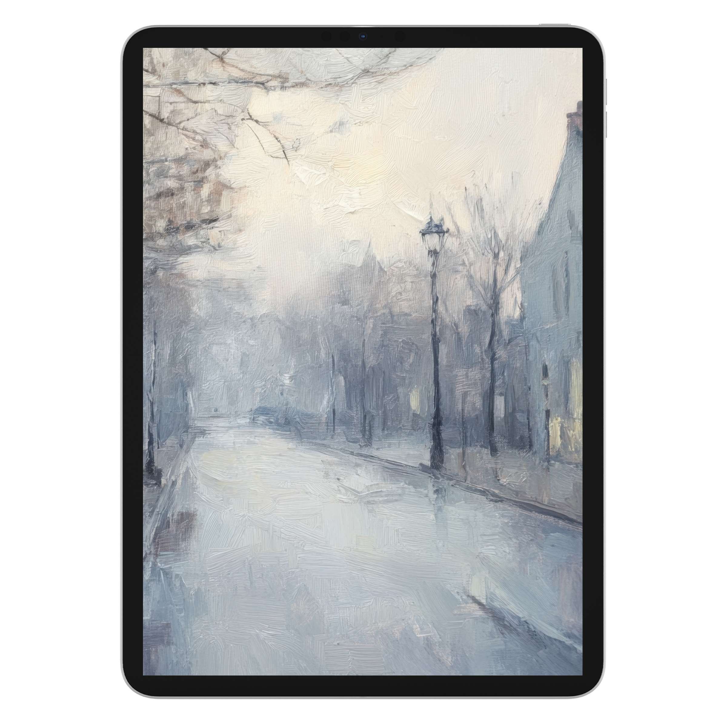 Calming urban art iPad wallpaper for tablet background featuring misty street in soft blues and creams digital download available