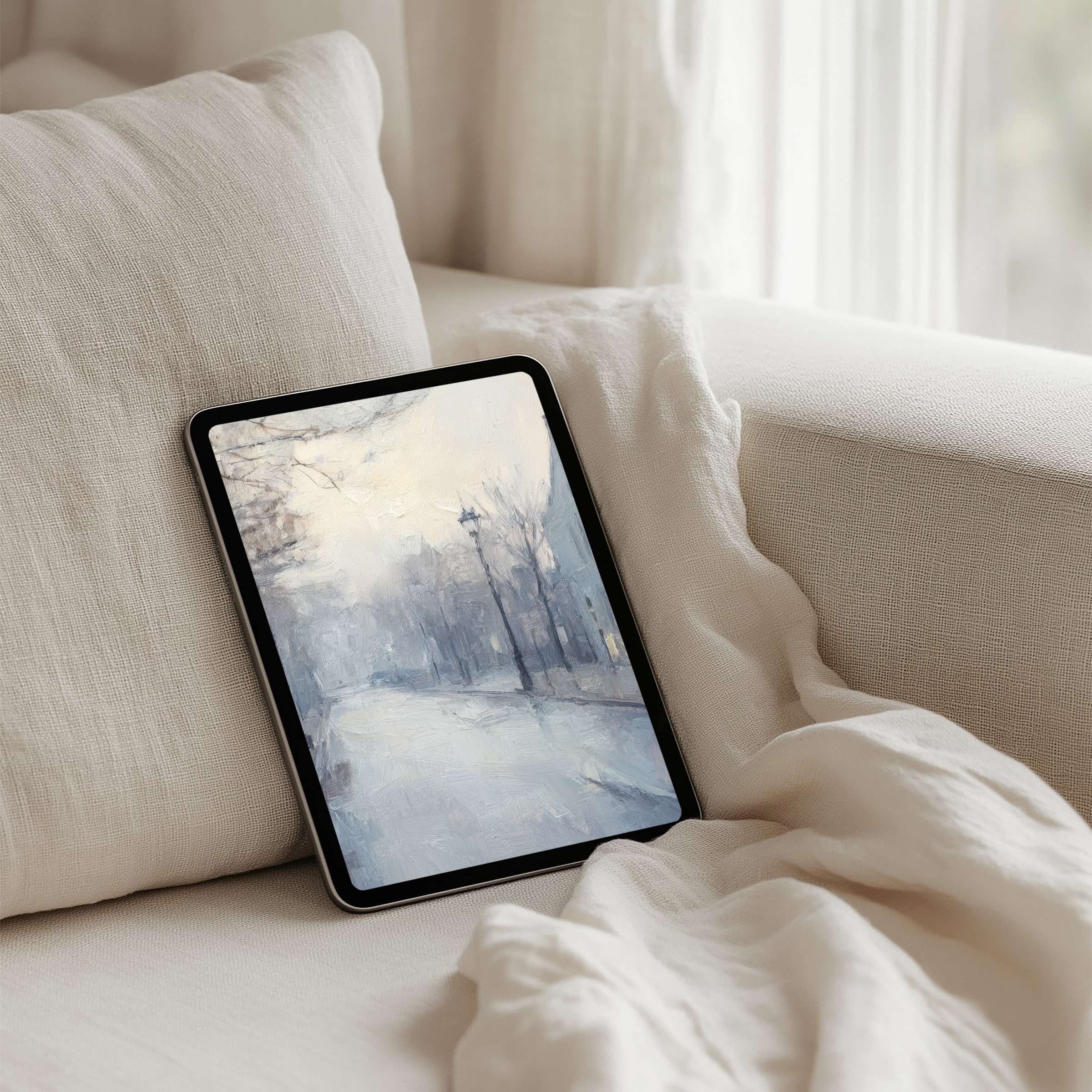 Elegant iPad background featuring a serene winter scene for instant download on your tablet inspiring calm and mindfulness