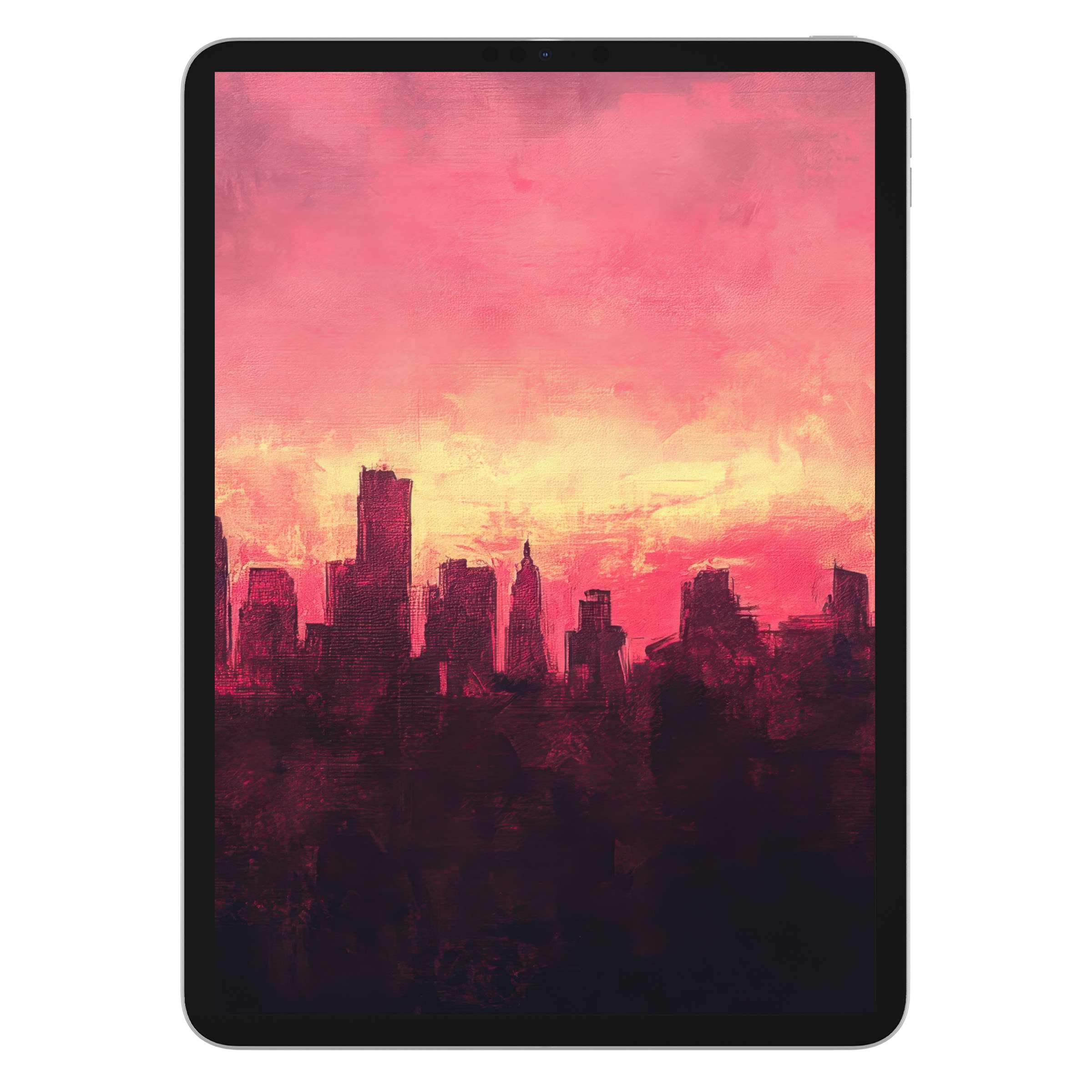 Urban art iPad wallpaper digital download featuring a serene city skyline in pink and yellow hues, perfect tablet background design